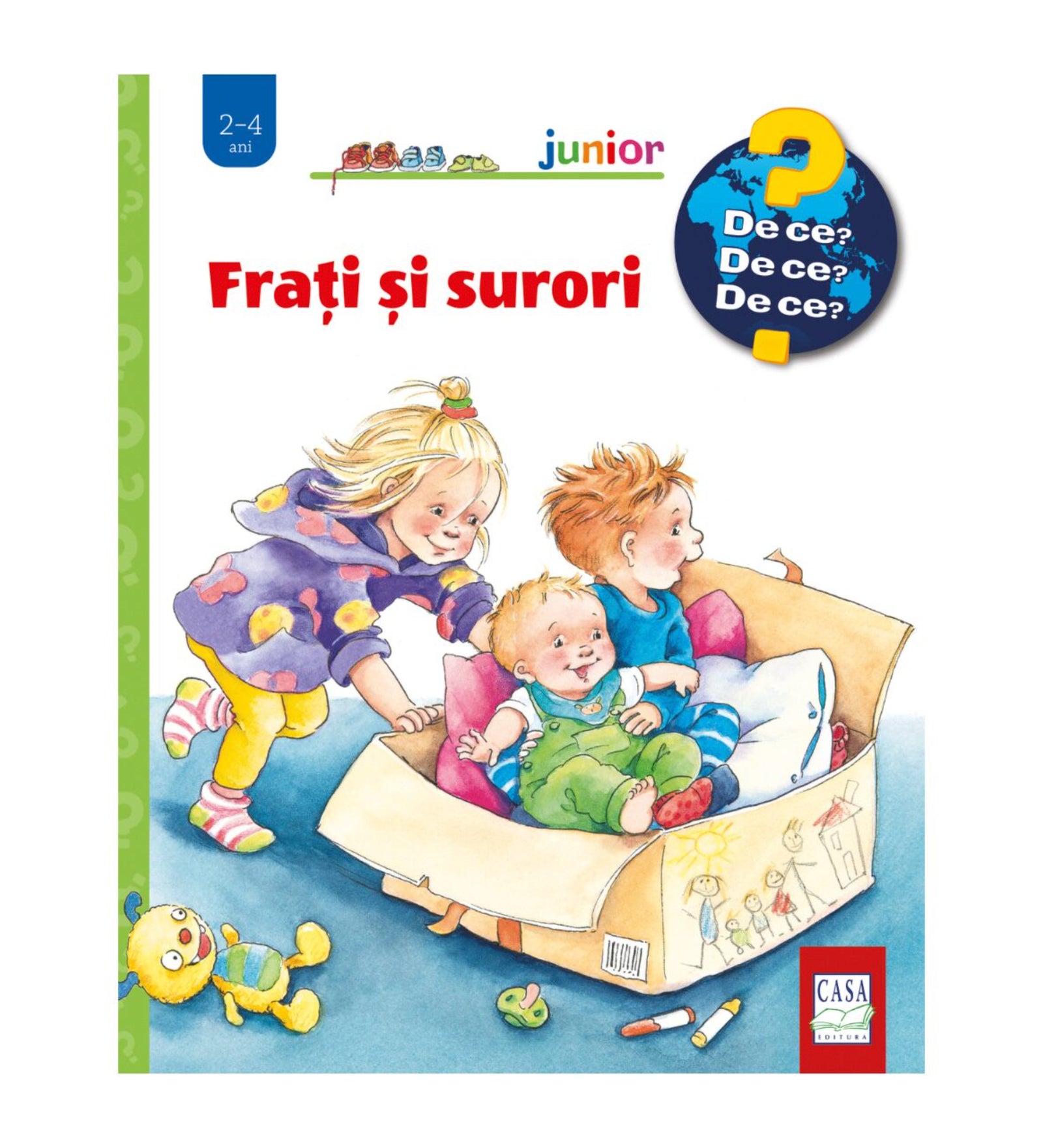 Frați și surori – gyerekkönyv borító, amelyen egy kislány és kisfiú egy kartondobozban ülő babát húznak játék közben, körülöttük színes játékok hevernek.