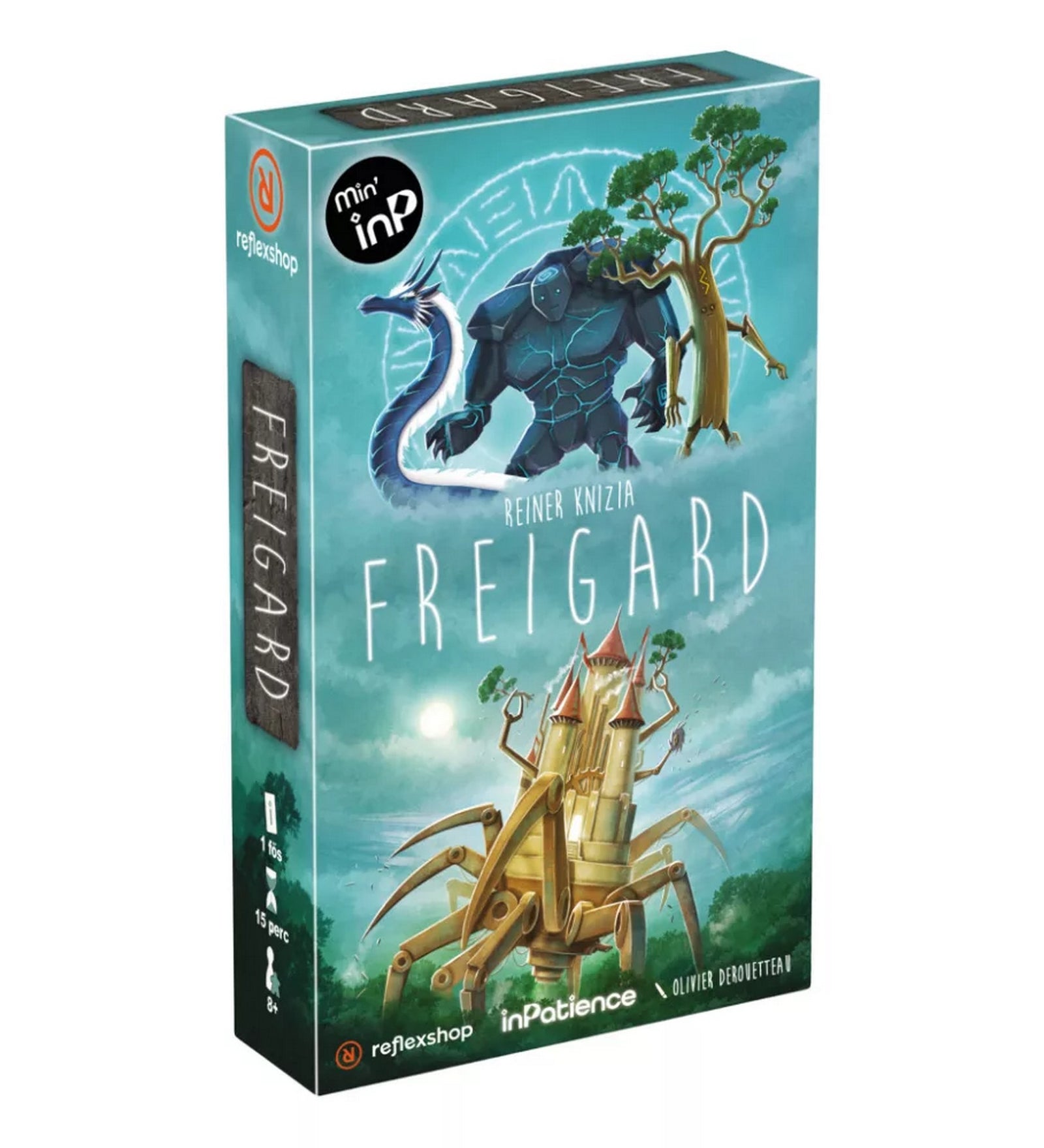 Freigard társasjáték doboz, fantasy illusztrációval, sárkány, kőóriás és mozgó kastély jelenetével.