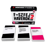 Fxszfej haverok 2 magyar nyelvű társasjáték doboza és három pakli kártya elölről fotózva, fekete-fehér dizájnnal, pikáns jelöléssel és kérdésfeliratos lapokkal.