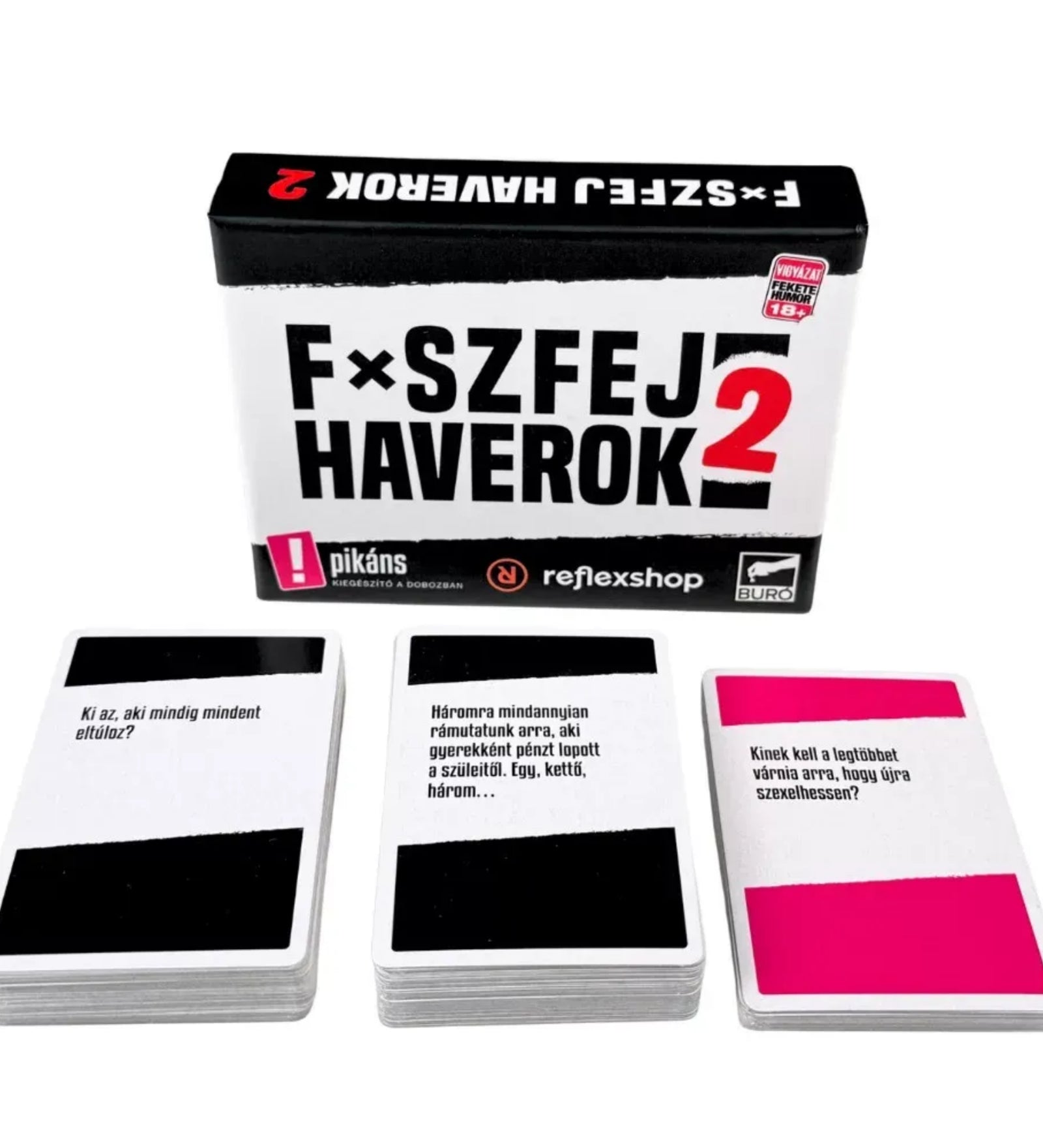 Fxszfej haverok 2 magyar nyelvű társasjáték doboza és három pakli kártya elölről fotózva, fekete-fehér dizájnnal, pikáns jelöléssel és kérdésfeliratos lapokkal.