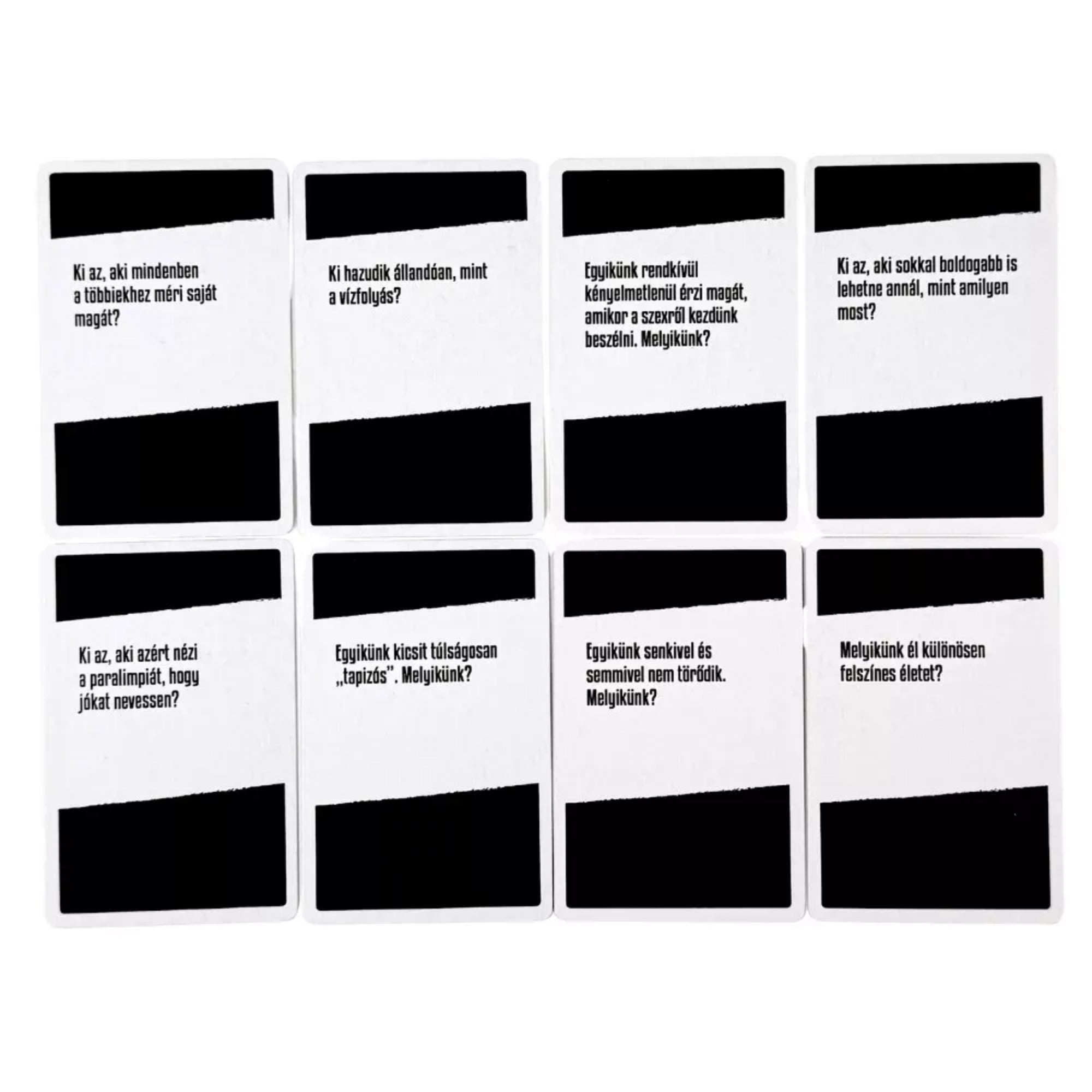 Fxszfej haverok 2 társasjáték kérdéskártyái kiterítve, provokatív és humoros szövegekkel ellátott fekete-fehér lapdizájnnal.