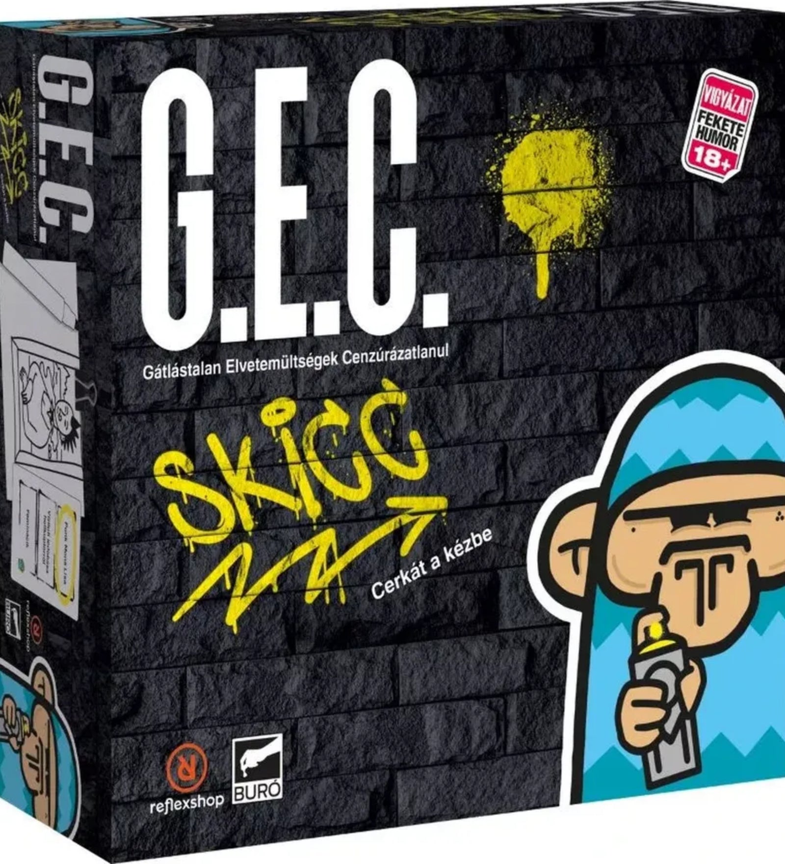 G.E.C. – Skicc magyar nyelvű társasjáték doboza oldalnézetből, fekete téglafal mintás háttérrel, sárga graffiti felirattal és sprayt tartó rajzolt figurával.