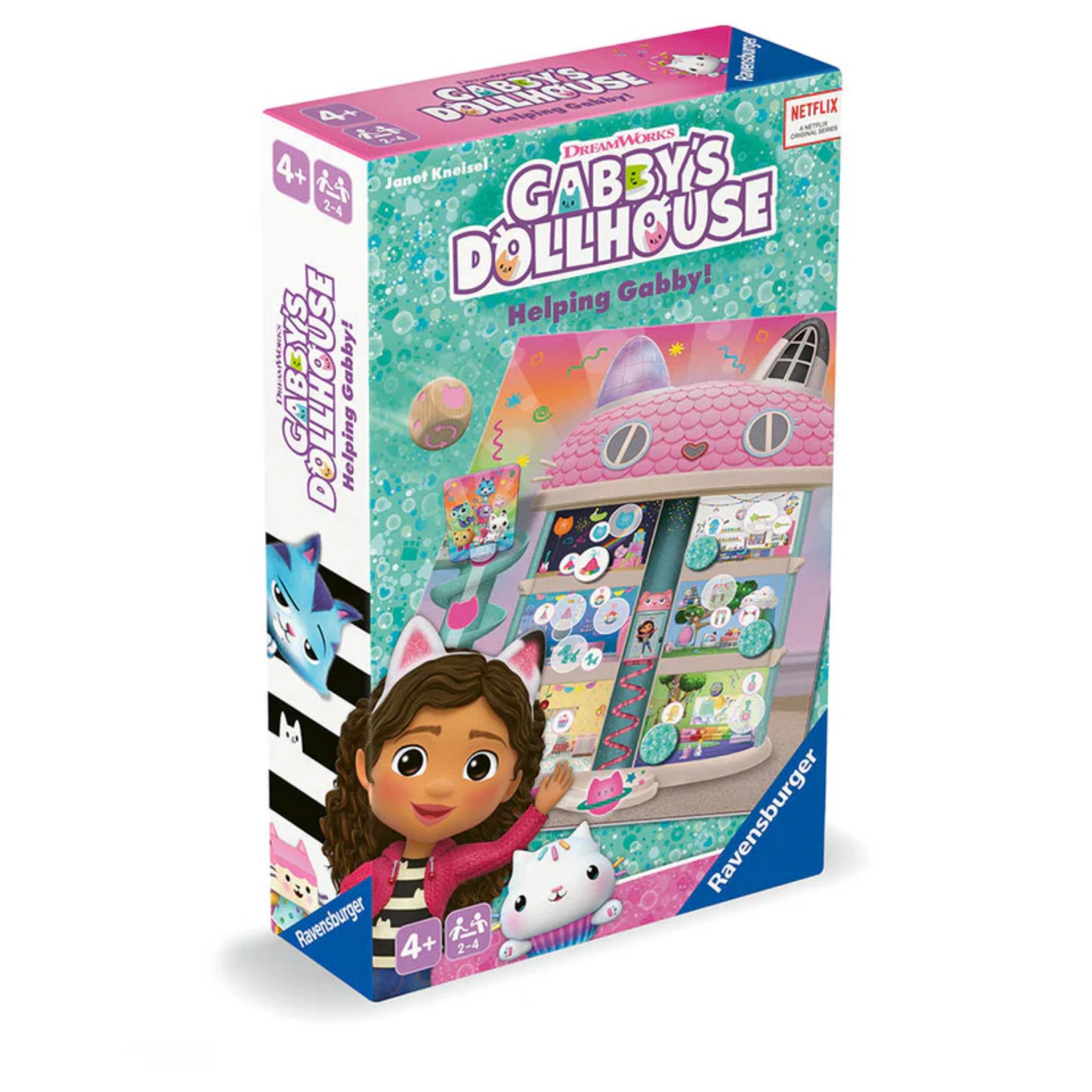 Gabby’s Dollhouse – Helping Gabby! többnyelvű társasjáték doboza, a DreamWorks Netflix-sorozat grafikájával, Gabby és cicabarátai illusztrációival, 4 éves kortól ajánlva.