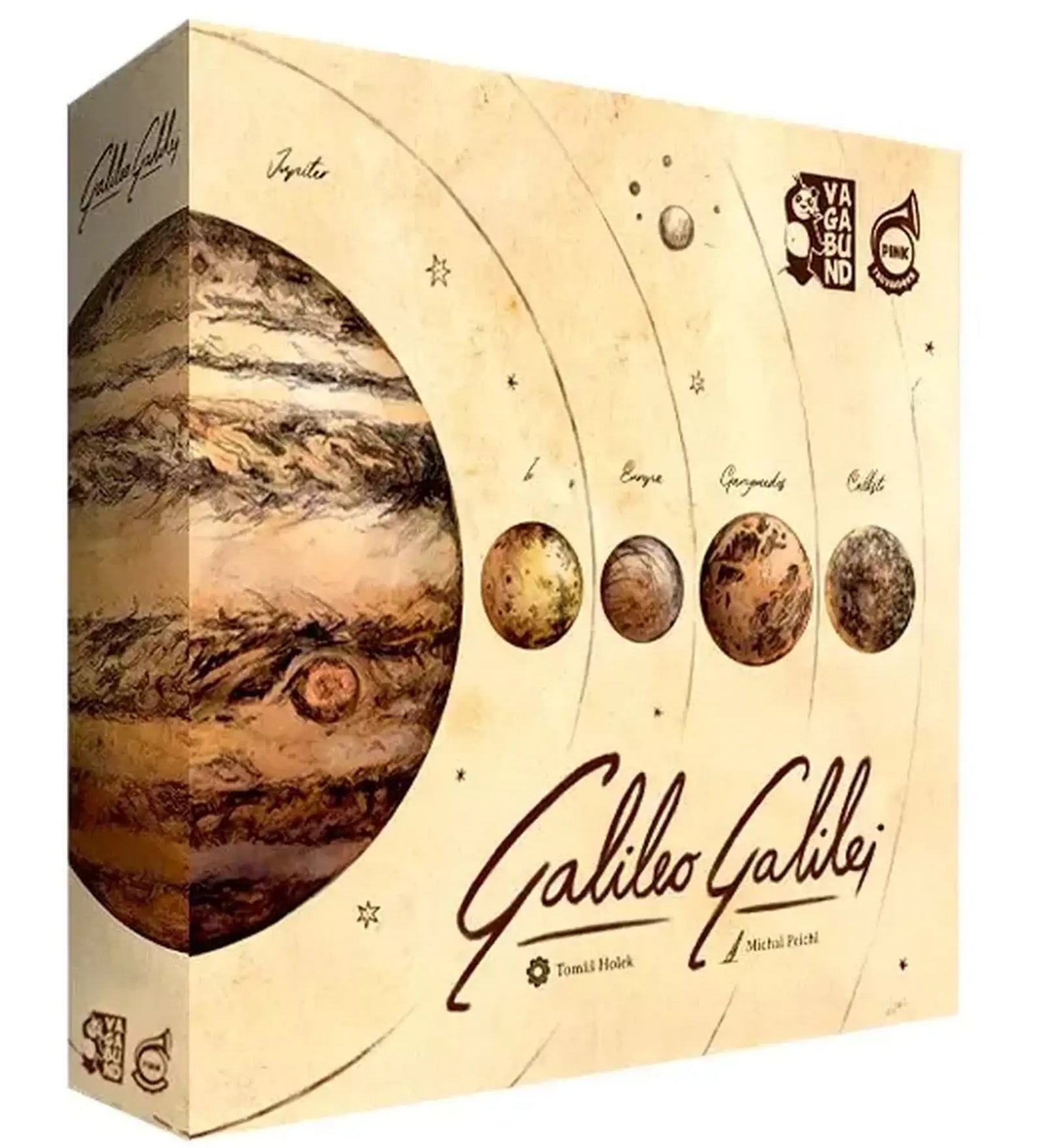 A Galileo Galilei társasjáték doboza, antik hatású illusztrációval, amelyen a Jupiter és holdjai, valamint a bolygók pályái láthatók, a dobozon a Vagabund és Piatnik logóval.