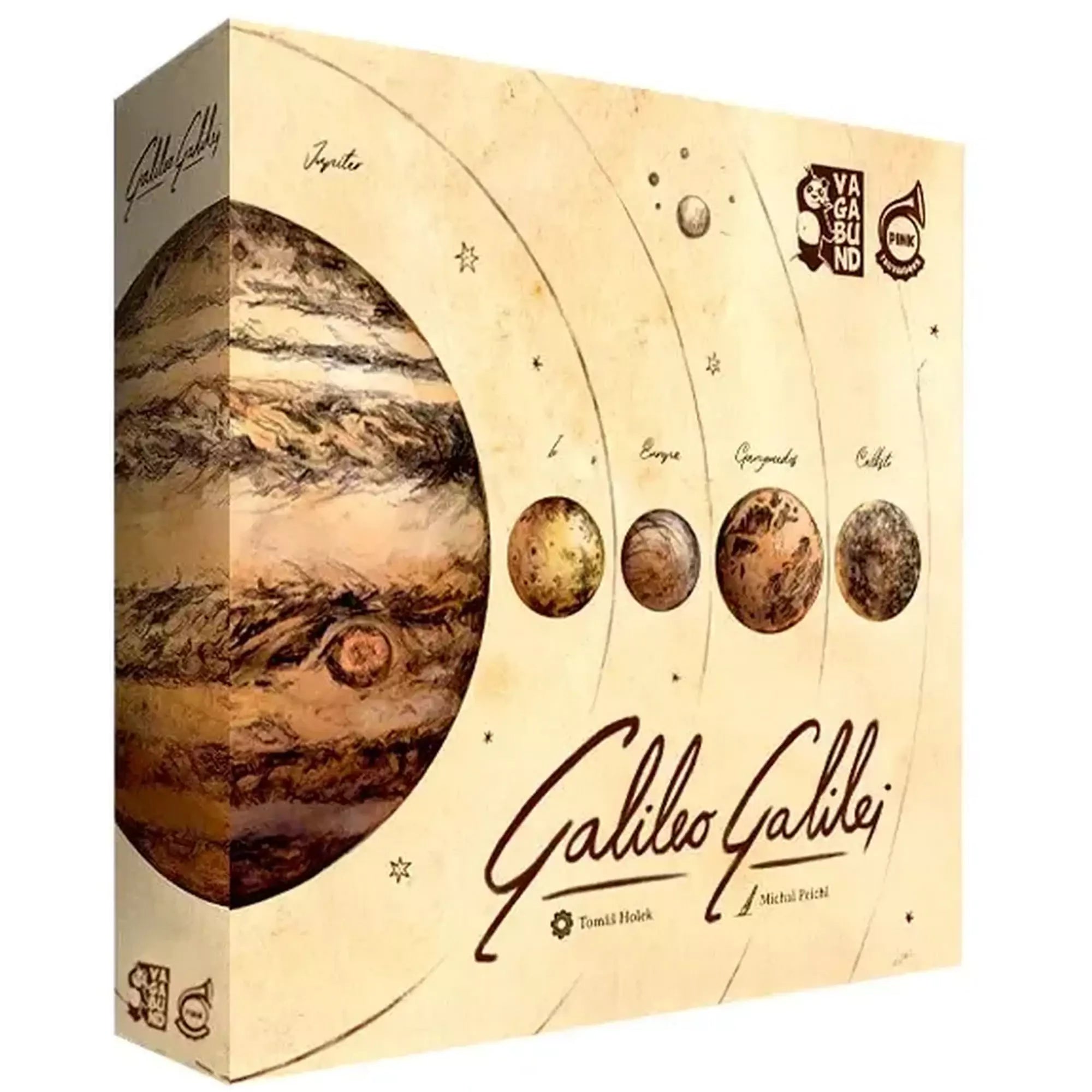 A Galileo Galilei társasjáték doboza, antik hatású illusztrációval, amelyen a Jupiter és holdjai, valamint a bolygók pályái láthatók, a dobozon a Vagabund és Piatnik logóval.