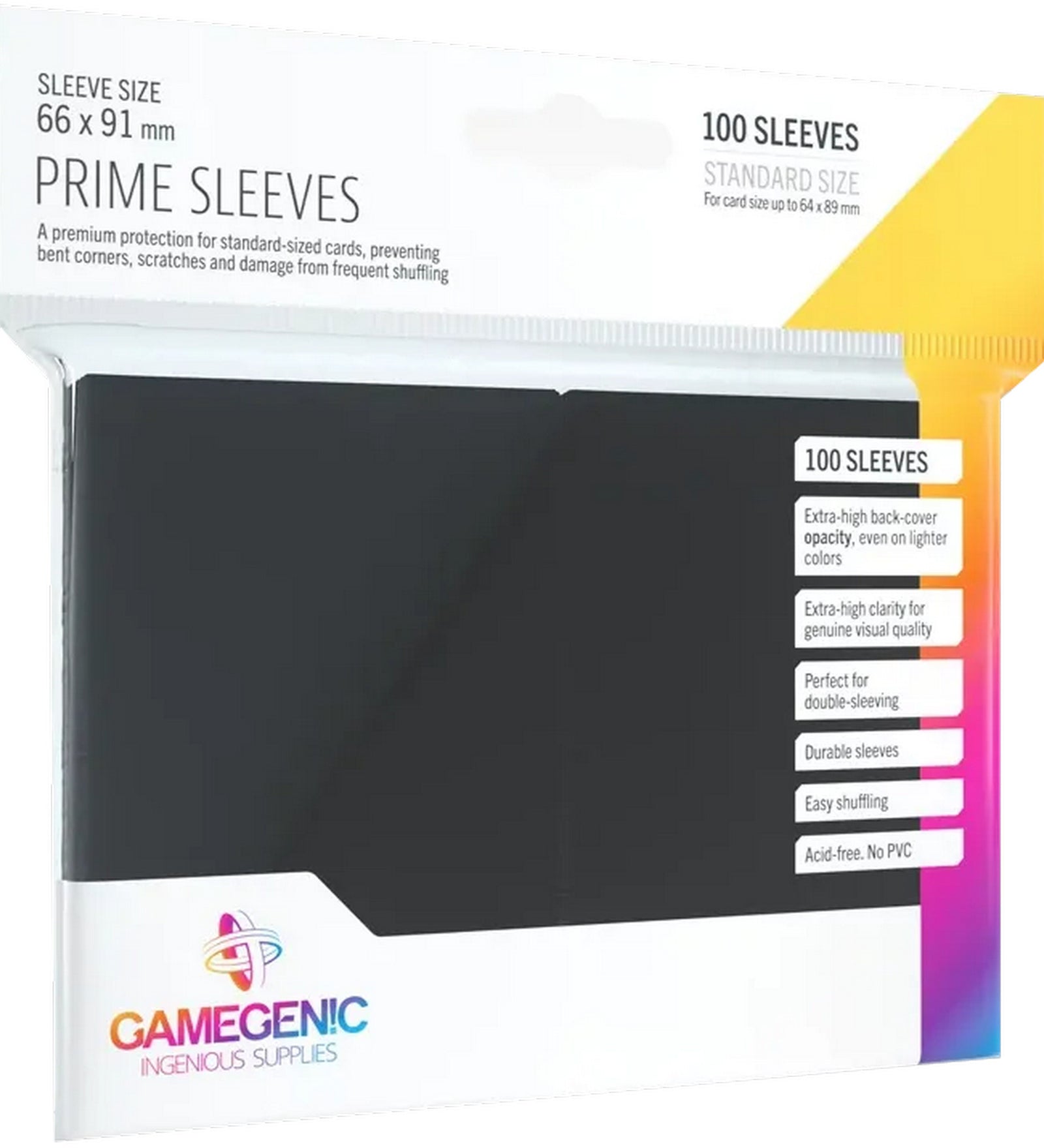 A Gamegenic Matte Prime Sleeves Black 100 darabos kártyavédő csomagja, 66×91 mm méretben. Fekete hátlapú, savmentes és PVC-mentes védőtokok, amelyek megakadályozzák a kártyák sarkainak hajlását és a karcolódást. Tartós, matt felületű kártyavédők, ideálisak standard méretű kártyákhoz és dupla védéshez.
