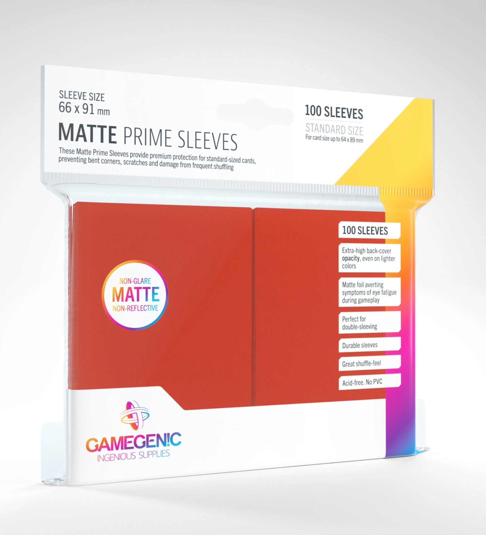 Gamegenic Matte Prime piros standard kártyavédő – 100 darabos, prémium minőségű, matt felületű kártyavédő csomag, piros színű hátlappal, standard méretű kártyákhoz.