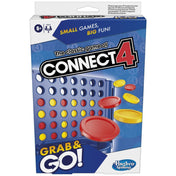 Connect 4 Grab & Go utazó társasjáték doboza, klasszikus négyet egy sorba játékkal és színes korongokkal.