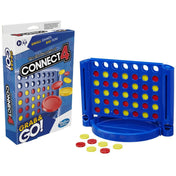 Connect 4 Grab & Go társasjáték doboza és játéktáblája együtt, kompakt kivitelben, utazáshoz ideális méretben.