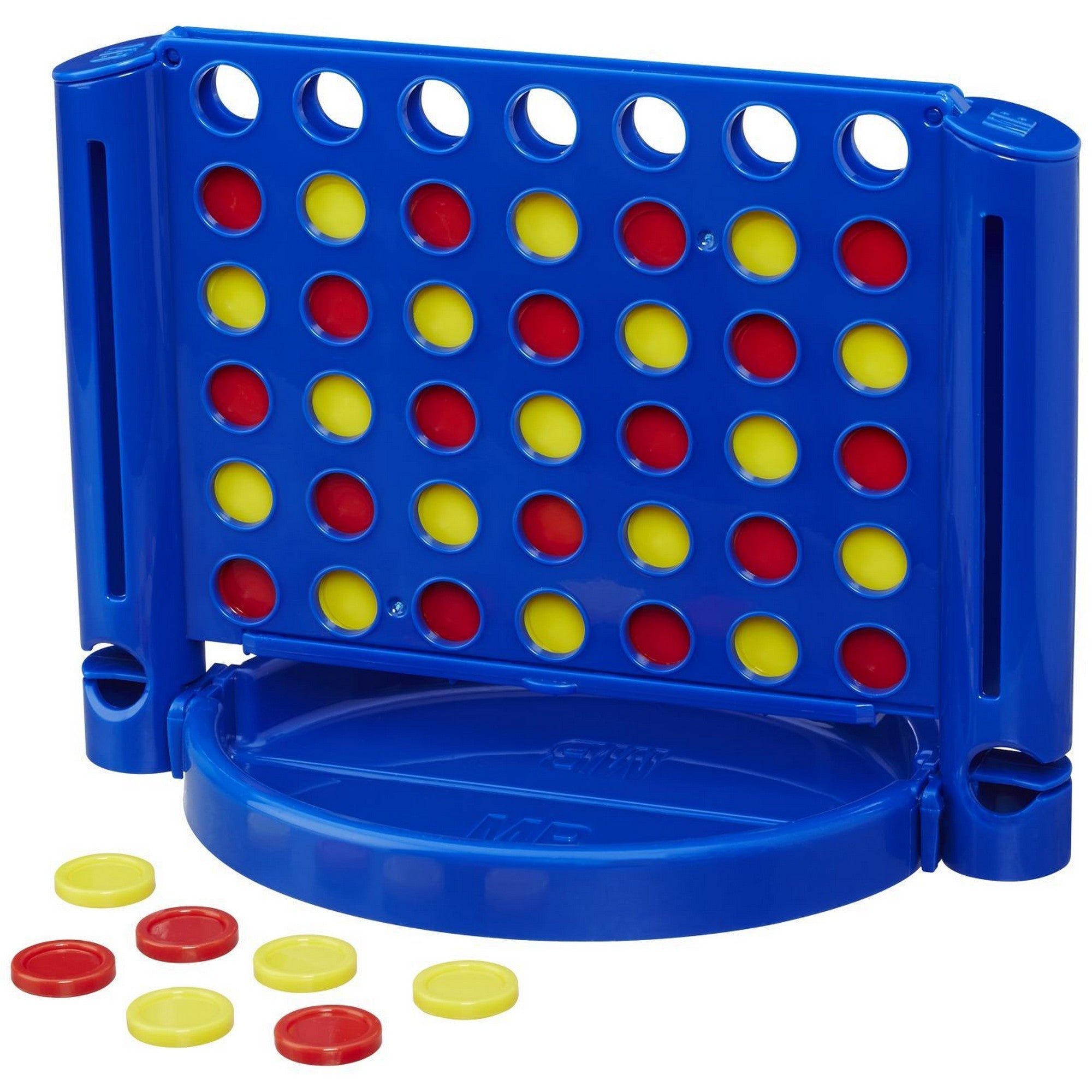 Connect 4 Grab & Go hordozható játéktábla kinyitva, piros és sárga korongokkal játékra készen.