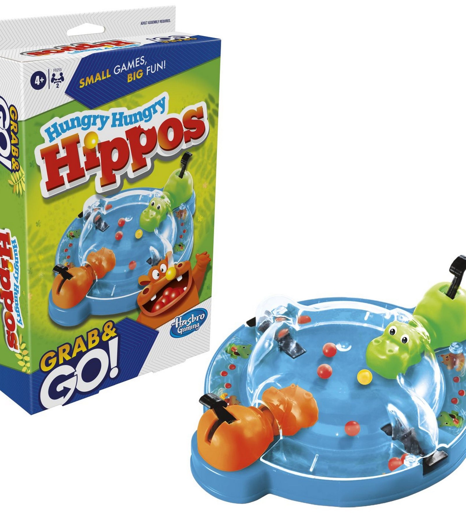 Hungry Hungry Hippos Grab & Go társasjáték doboza és játéktáblája együtt, kinyitva, utazáshoz ideális méretben.