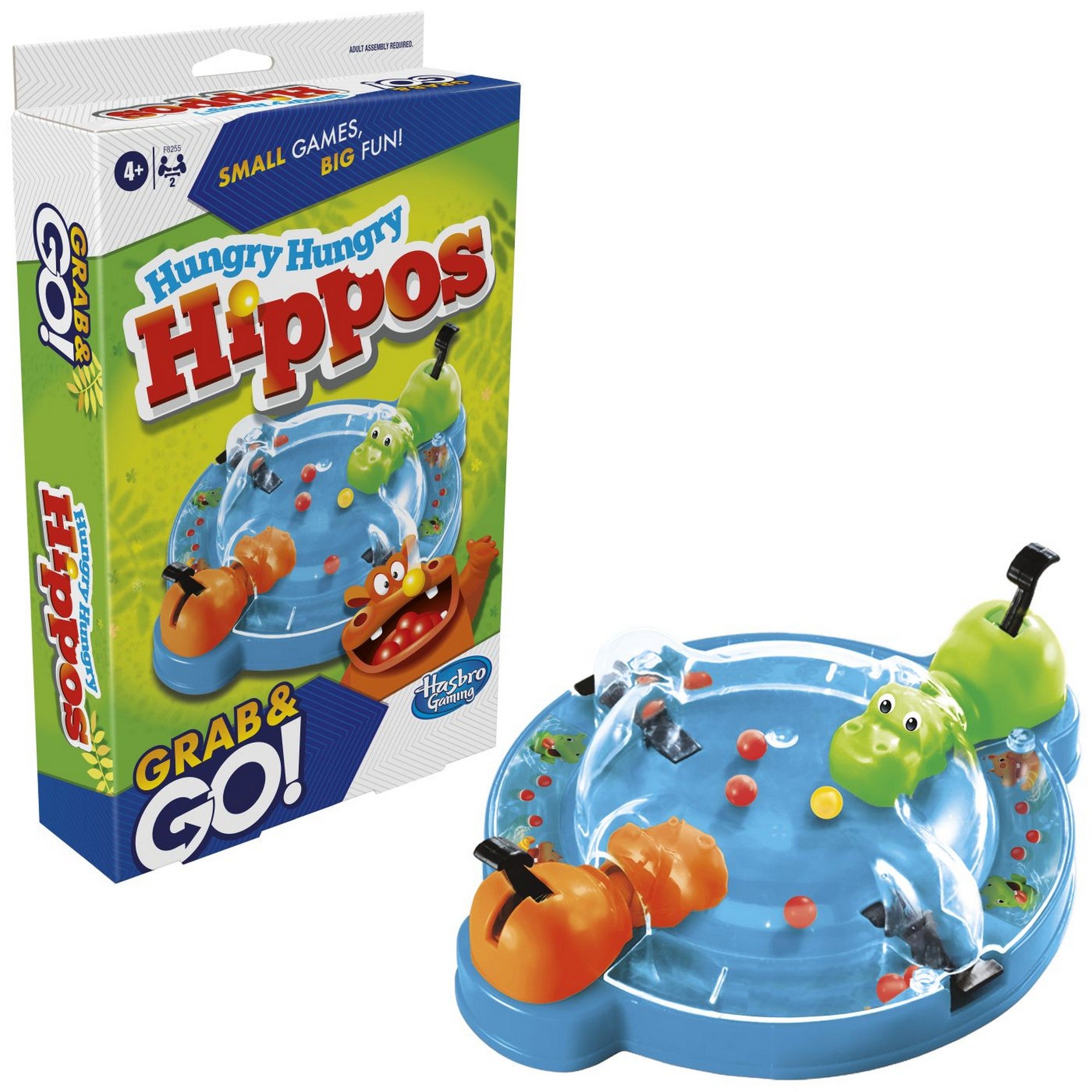 Hungry Hungry Hippos Grab & Go társasjáték doboza és játéktáblája együtt, kinyitva, utazáshoz ideális méretben.