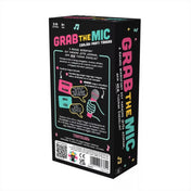 A Grab the Mic karaoke társasjáték dobozának hátoldala, játékismertetővel és mikrofonos illusztrációval.