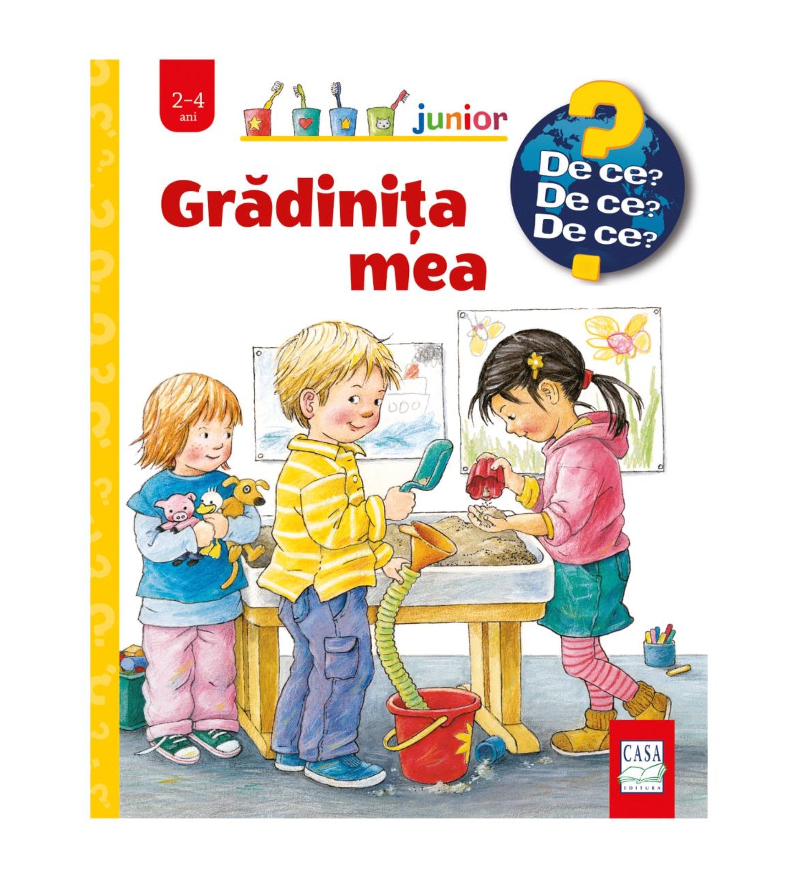 Grădinița mea – gyerekkönyv borító, amelyen három kisgyerek játszik az óvodában: egyik homokasztalnál lapátol, másik figyeli, a harmadik plüssállatokat ölel.