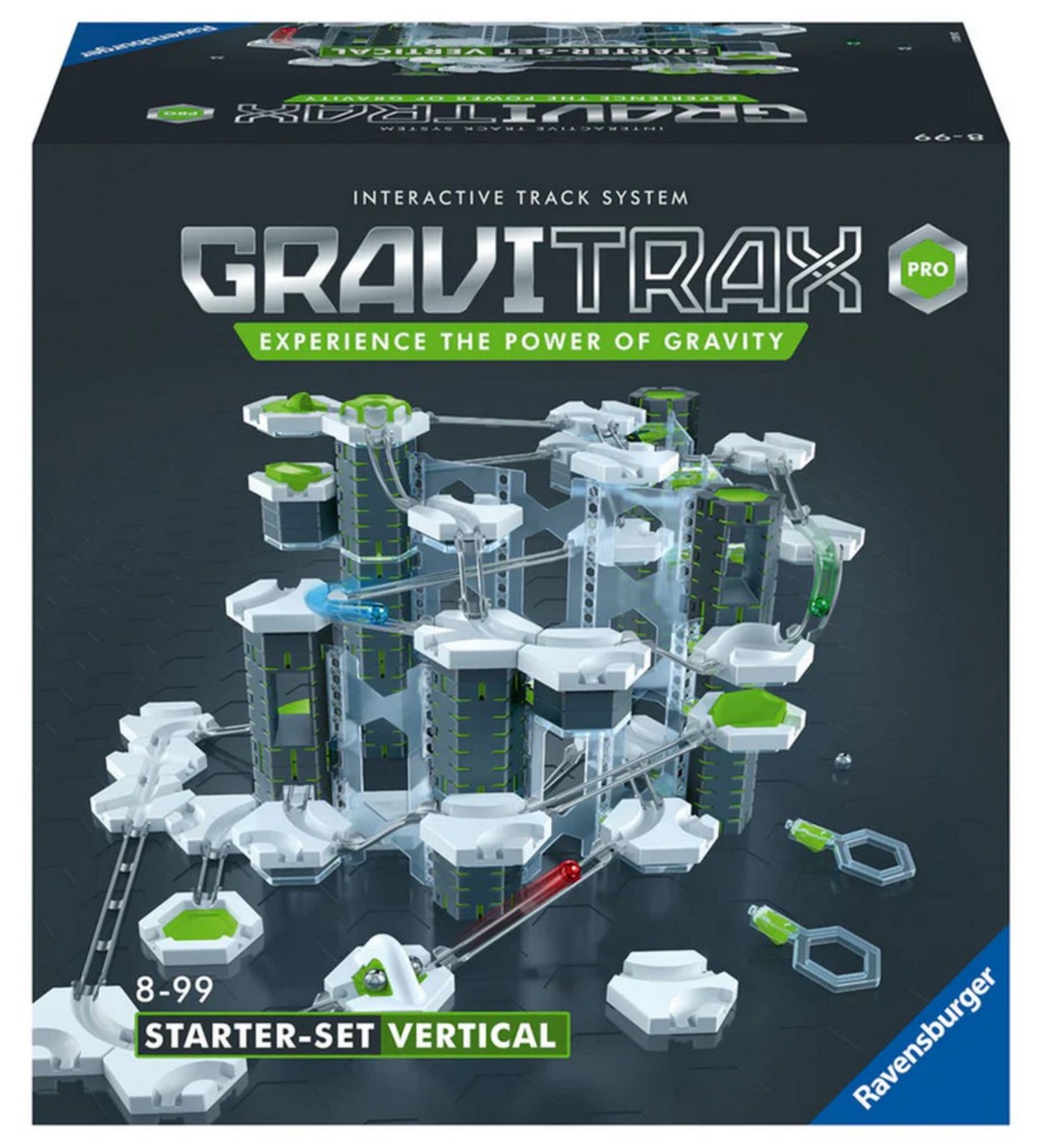 GraviTrax PRO Starter-Set Vertical dobozképe, a függőleges elemekkel építhető golyópálya látványtervével
