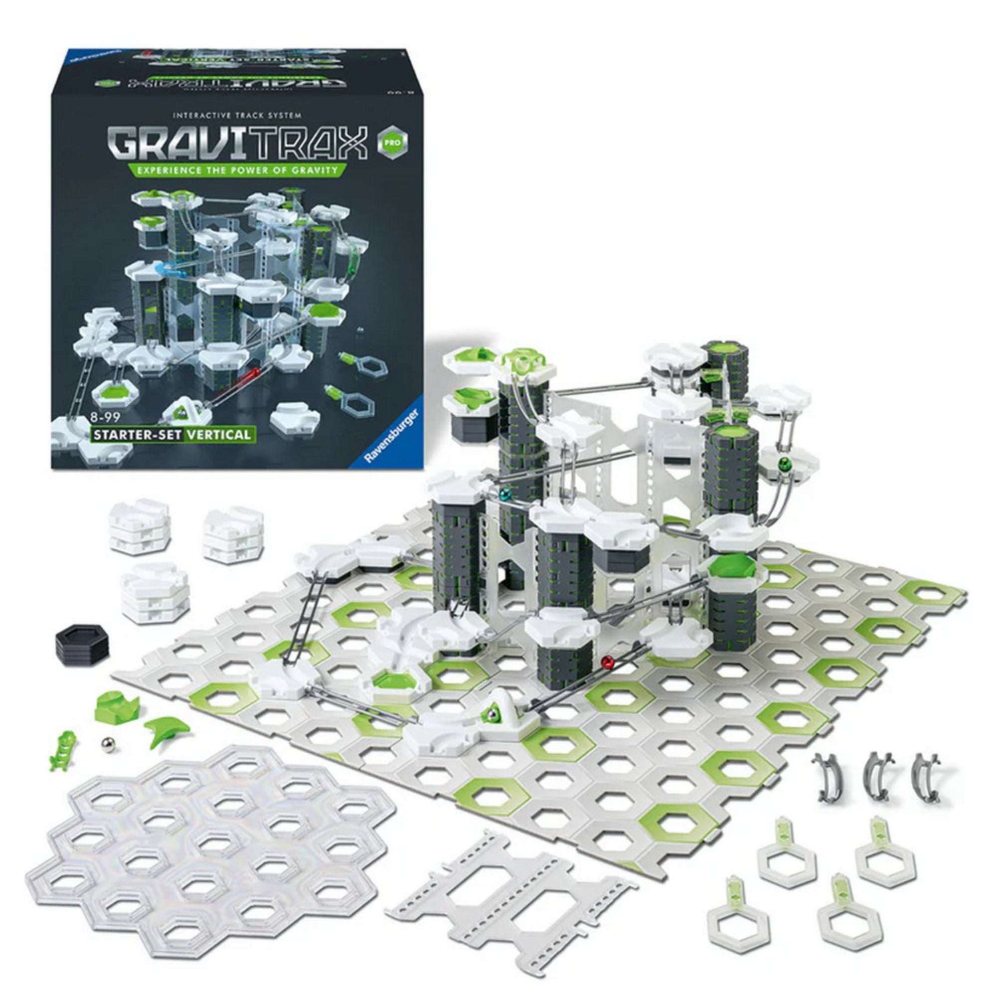 GraviTrax PRO Starter-Set Vertical tartalma kiterítve, alaplapokkal, sínekkel, tornyokkal és kiegészítő elemekkel