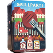 Grillparti társasjáték fémdoboza elölnézetből, grillezett ételeket ábrázoló grafikával és korjelölésekkel.