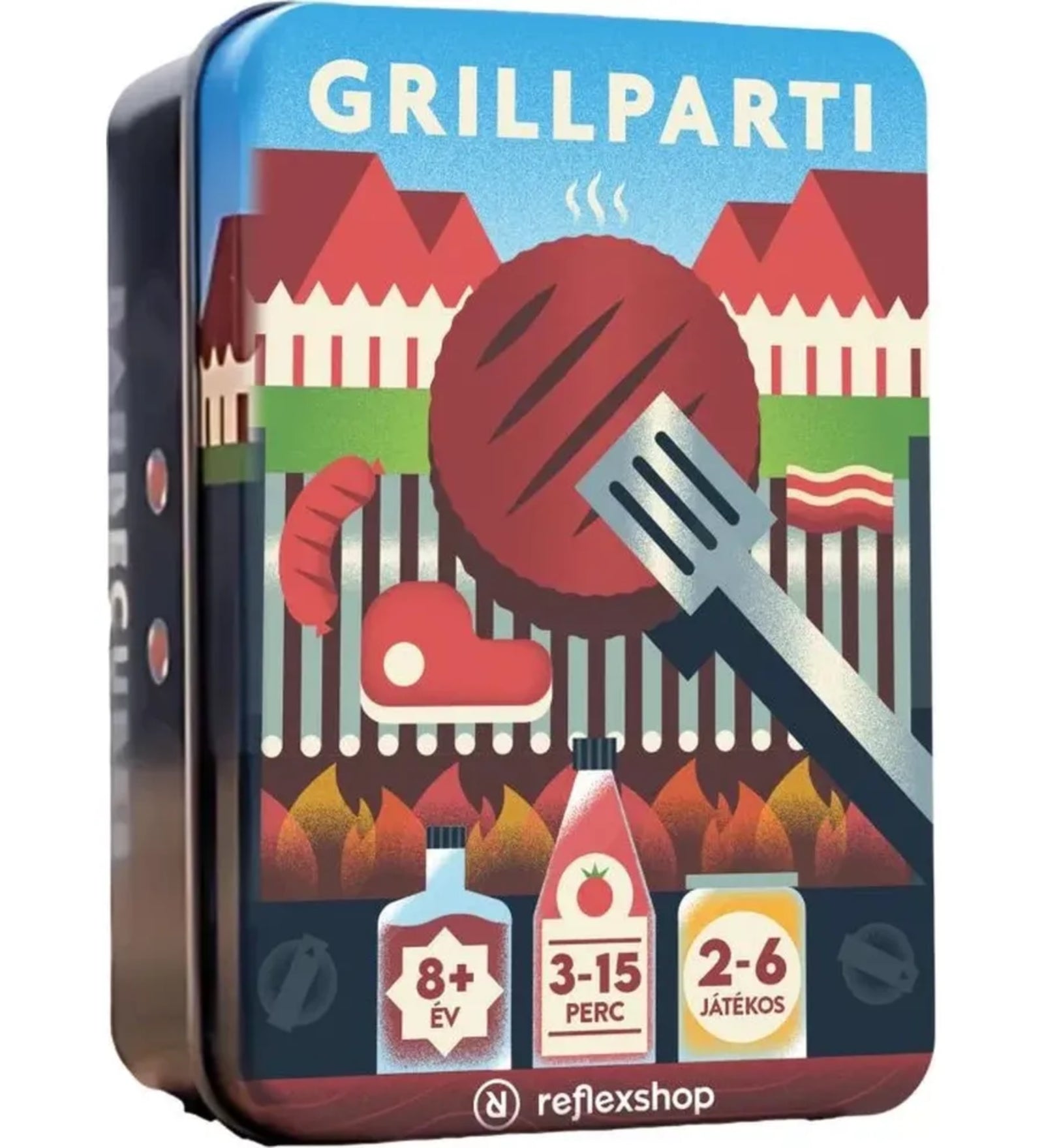 Grillparti társasjáték fémdoboza elölnézetből, grillezett ételeket ábrázoló grafikával és korjelölésekkel.