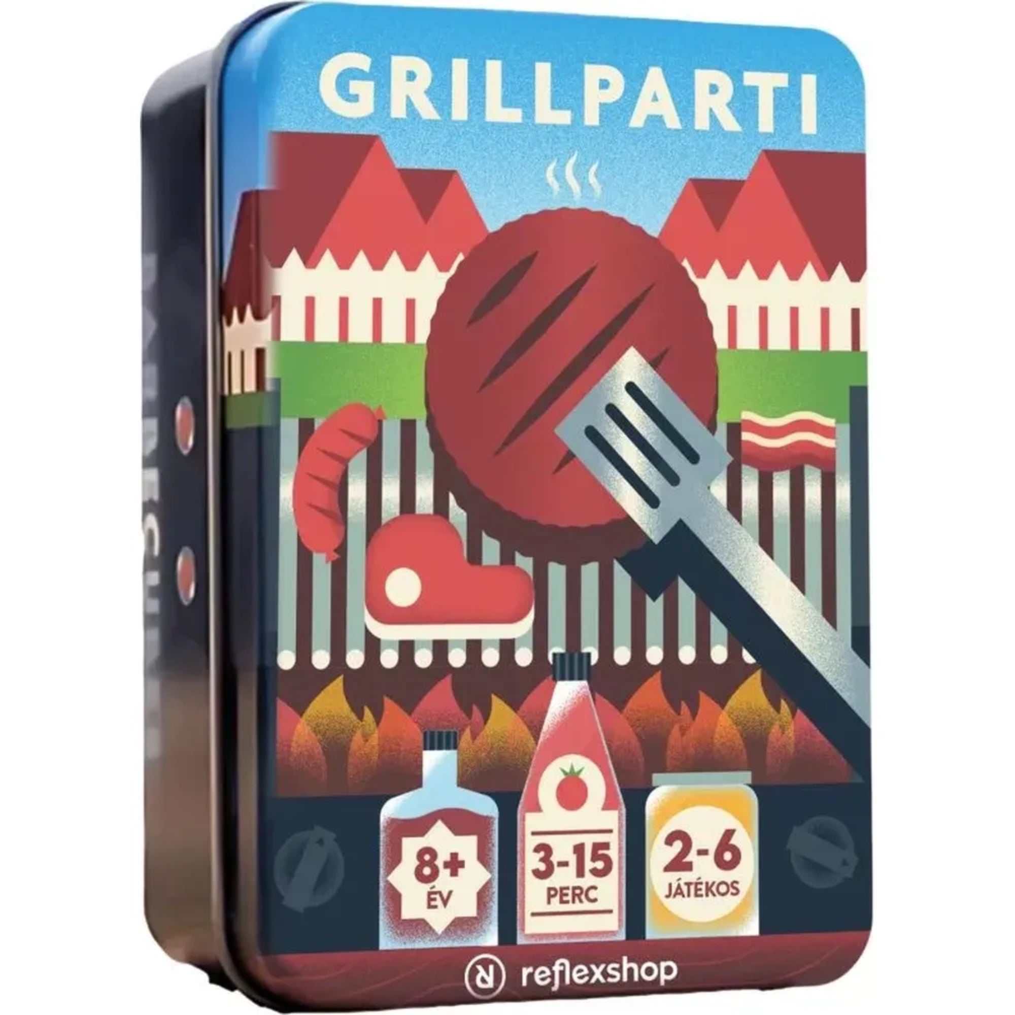 Grillparti társasjáték fémdoboza elölnézetből, grillezett ételeket ábrázoló grafikával és korjelölésekkel.