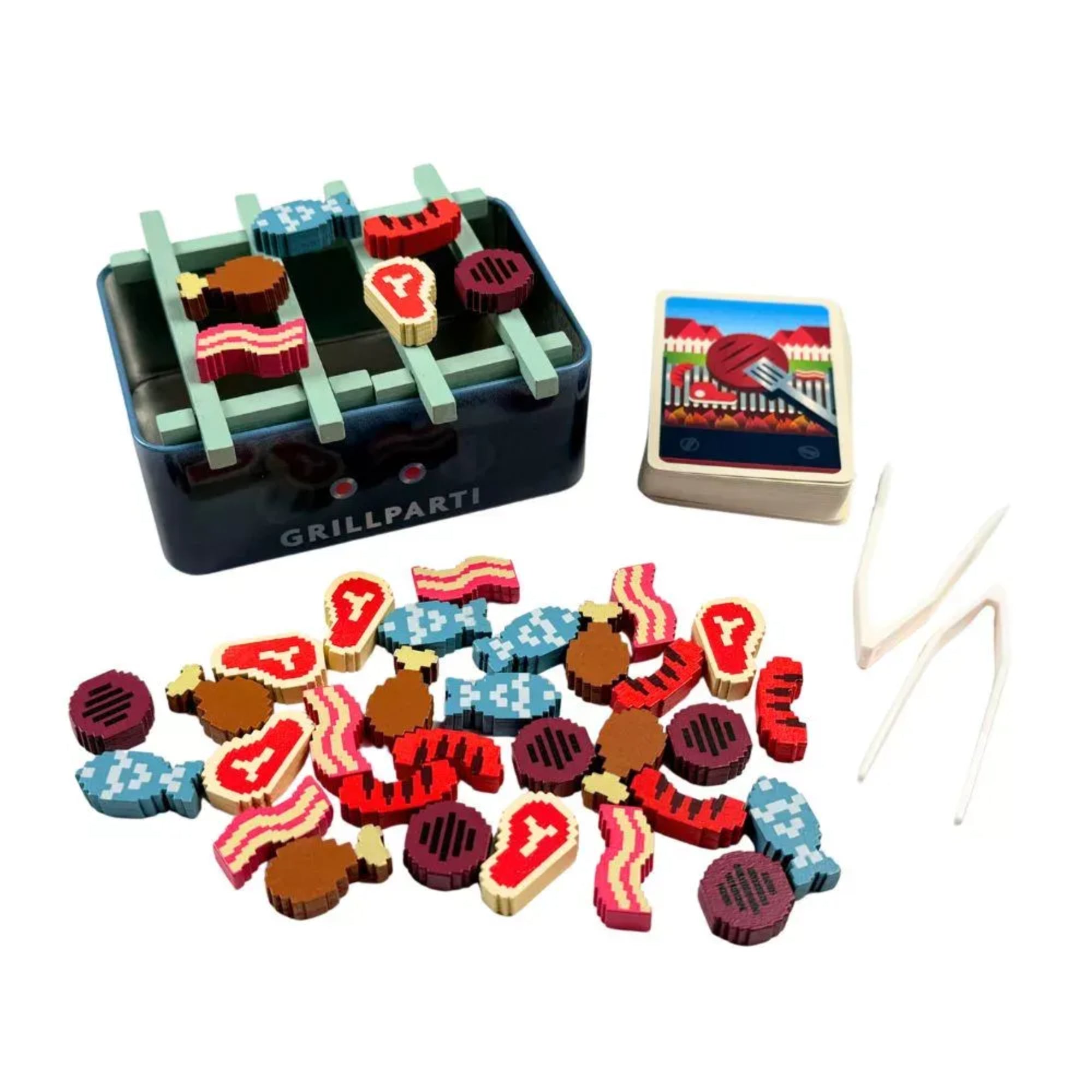 Grillparti társasjáték tartalma, grillsütő elemekkel, fa ételkorongokkal, csipesszel és kártyapaklival.