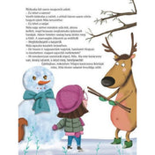 Gyönyörű karácsony – 24 mese belső oldal 2: Téli jelenet hóemberrel, kislánnyal és rénszarvassal, akik karácsonyi kívánságokat osztanak meg egymással.