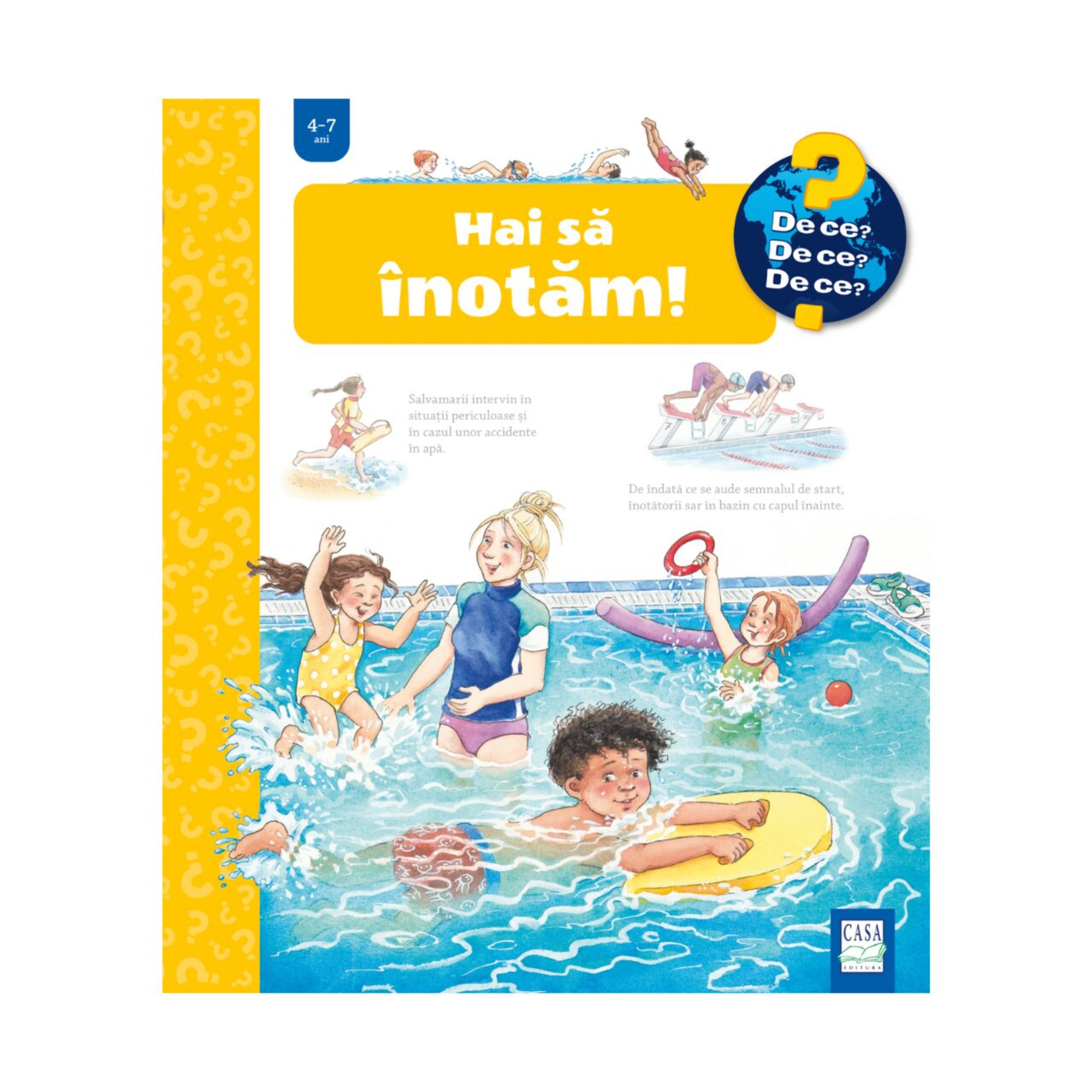 Hai să înotăm! – gyerekkönyv borító, amelyen gyerekek úsznak és játszanak az uszodában, vízben labdával és úszódeszkával, mellettük úszómester.