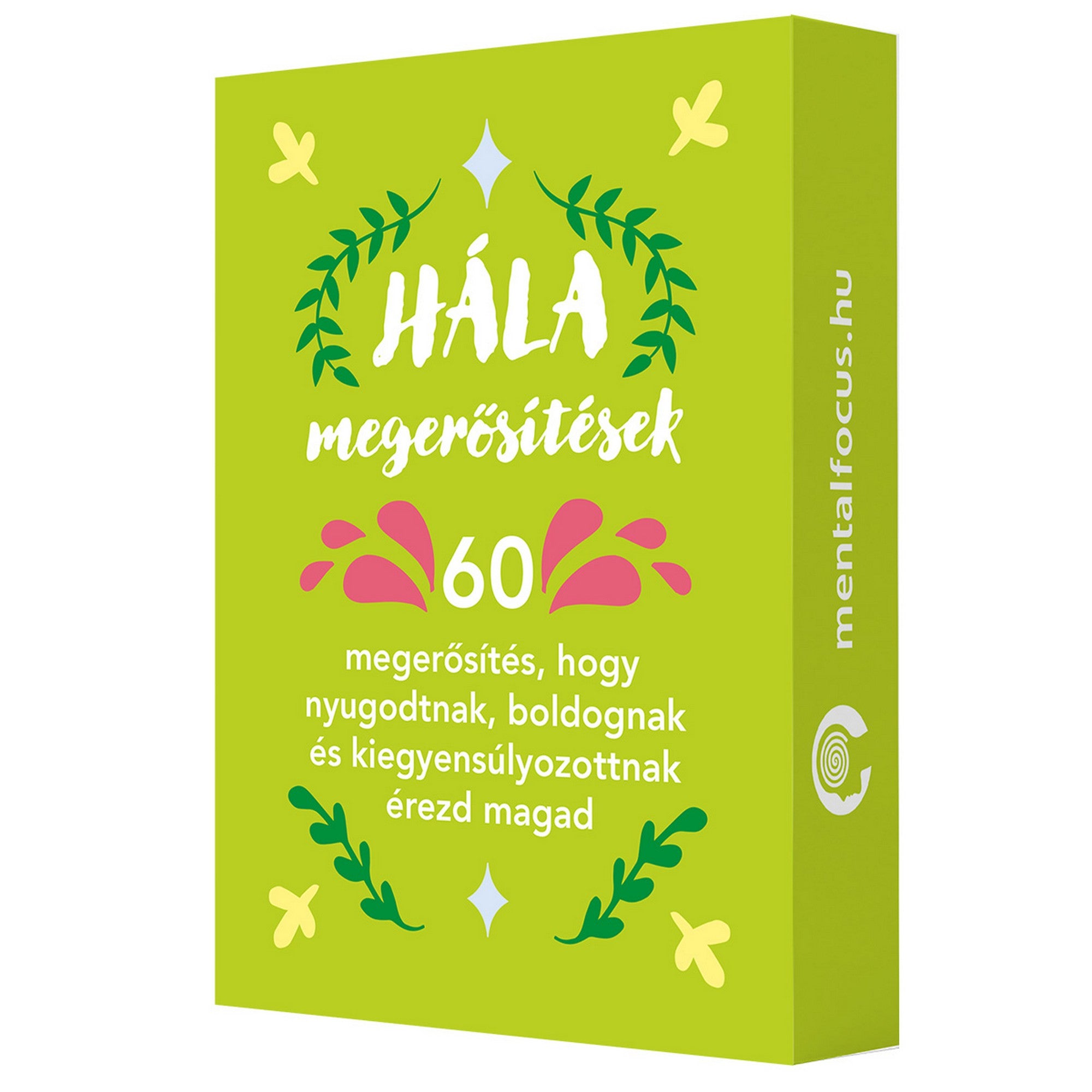 Hála megerősítések doboza zöld alapon, 60 motiváló megerősítéssel a nyugalom és kiegyensúlyozottság támogatására.