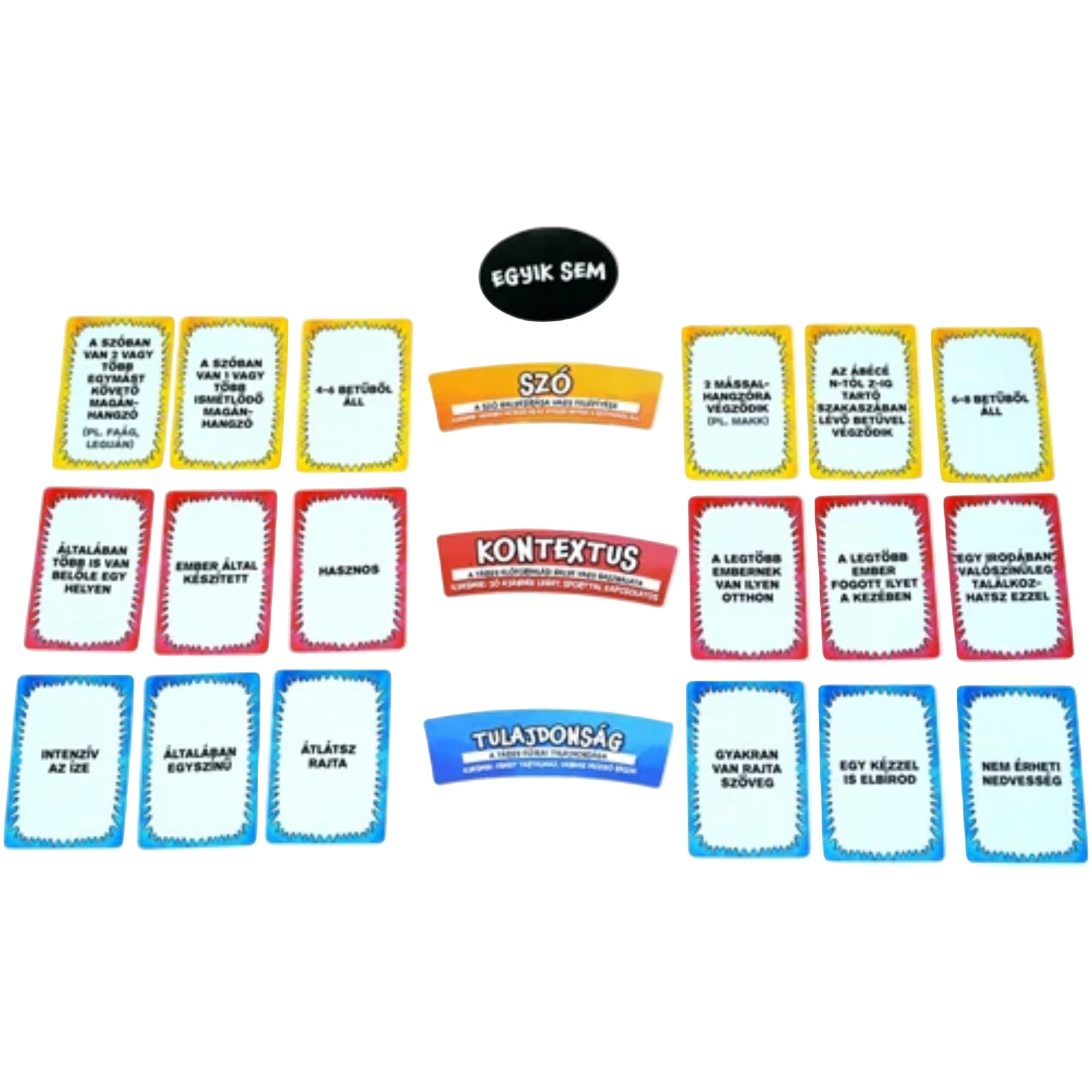 A Halmazállapot társasjáték kritériumkártyái hat csoportra rendezve: szó, kontextus, tulajdonság és egyéb kategóriák, valamint az ’Egyik sem’ jelölő a készlet tetején.