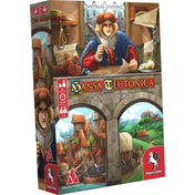 Hansa Teutonica Bővített kiadás doboza elölnézetből, középkori kereskedőt ábrázoló illusztrációval, város- és tájképi háttérrel, valamint játékosszám-, korosztály- és játékidő ikonokkal.