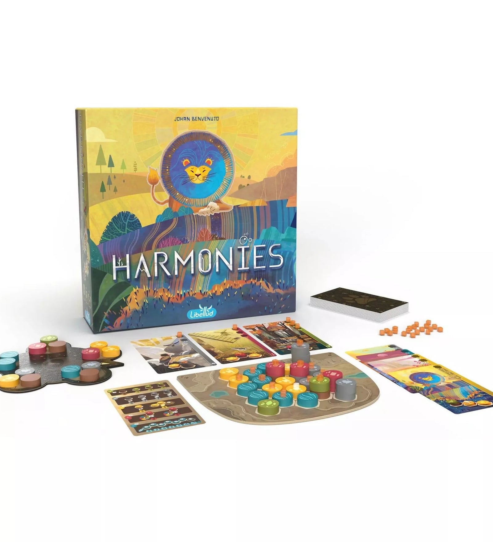 A Harmonies társasjáték teljes készlete: doboz, tábla, kártyák és színes játékelemek.