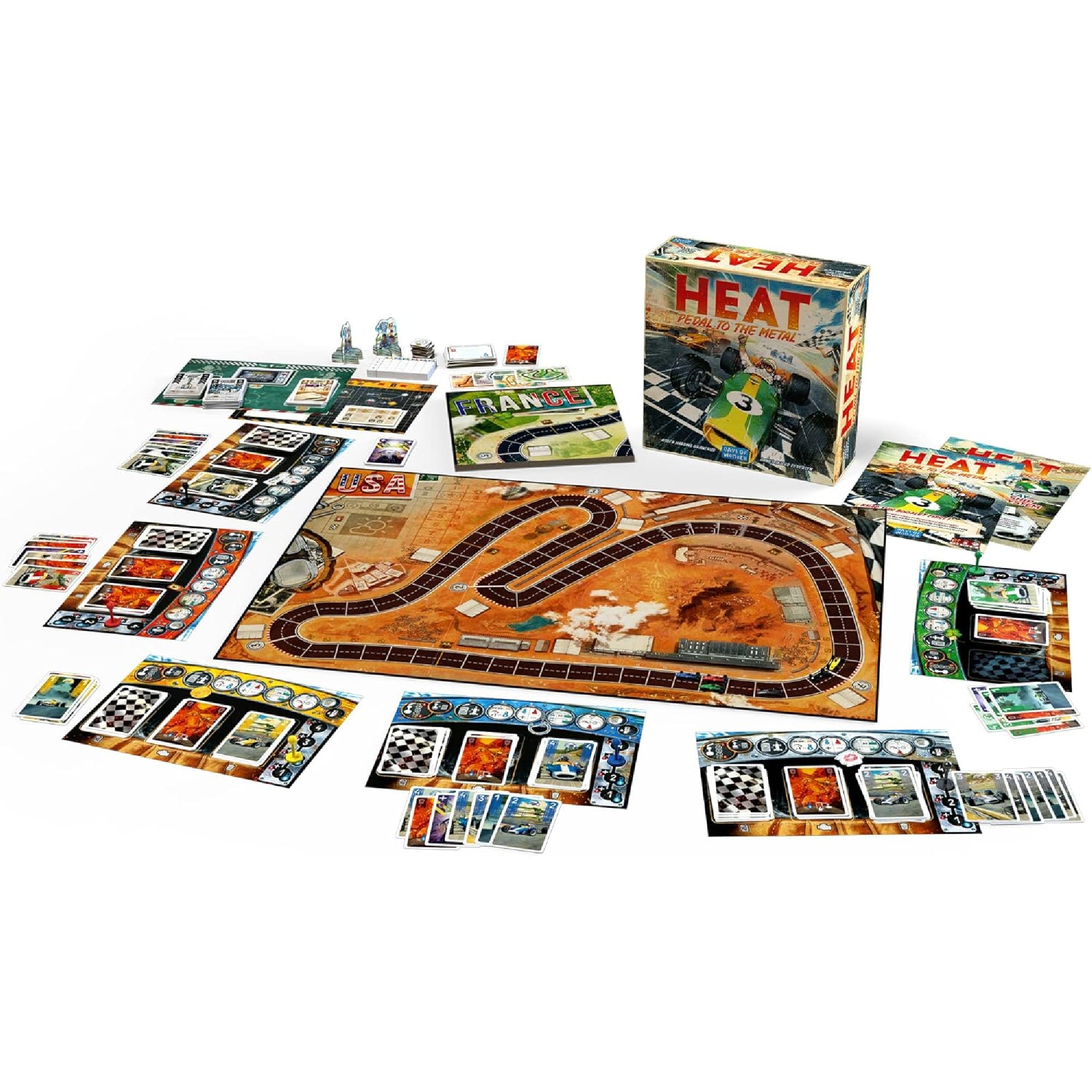 A Heat: Pedal to the Metal társasjáték teljesen kiterítve, játéktáblákkal, kártyákkal és komponensekkel.