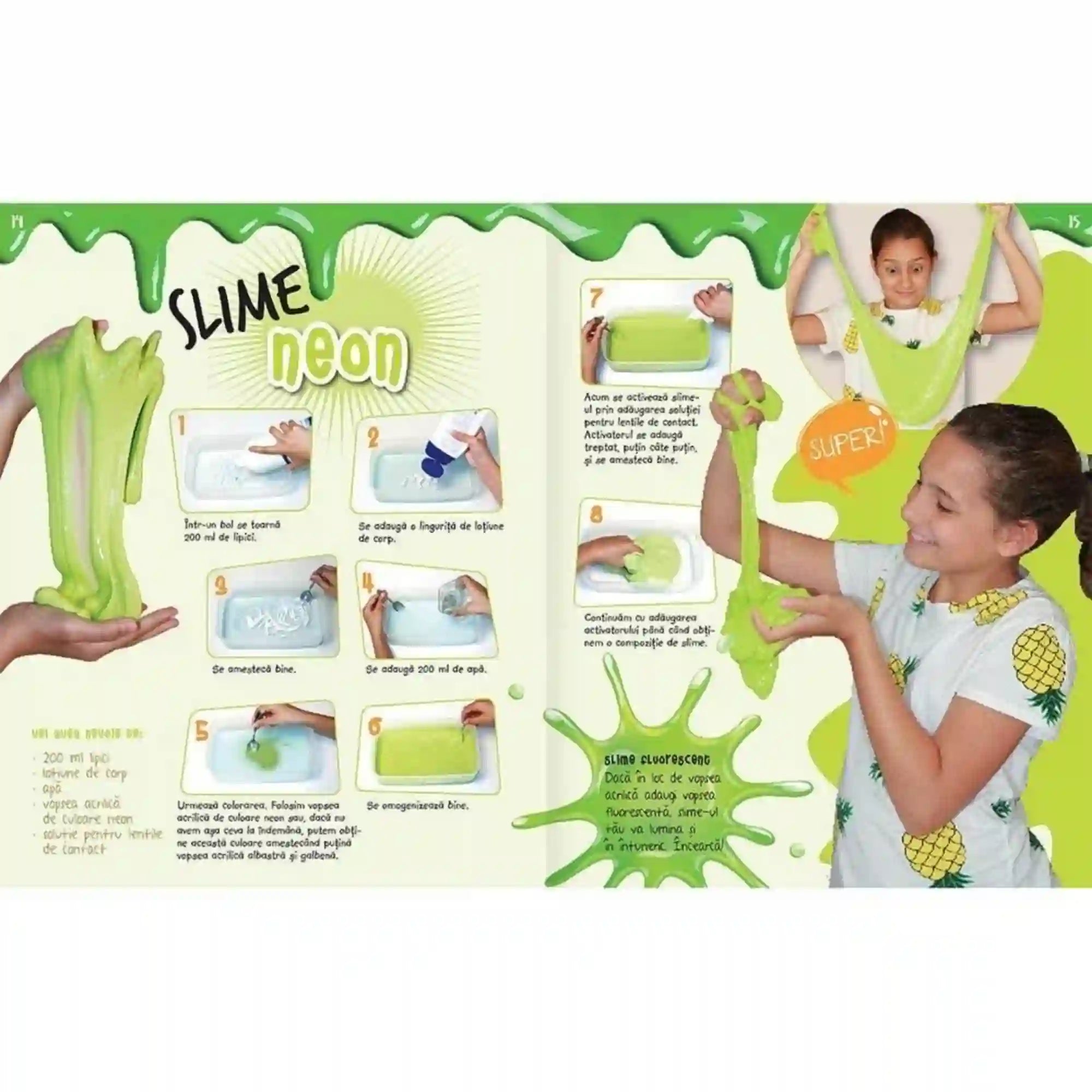 Hello Slime! könyv belső oldalpárja, ahol neon zöld slime készítésének lépései láthatók részletes képekkel, valamint egy kislány nyújtja a kész slime-ot.