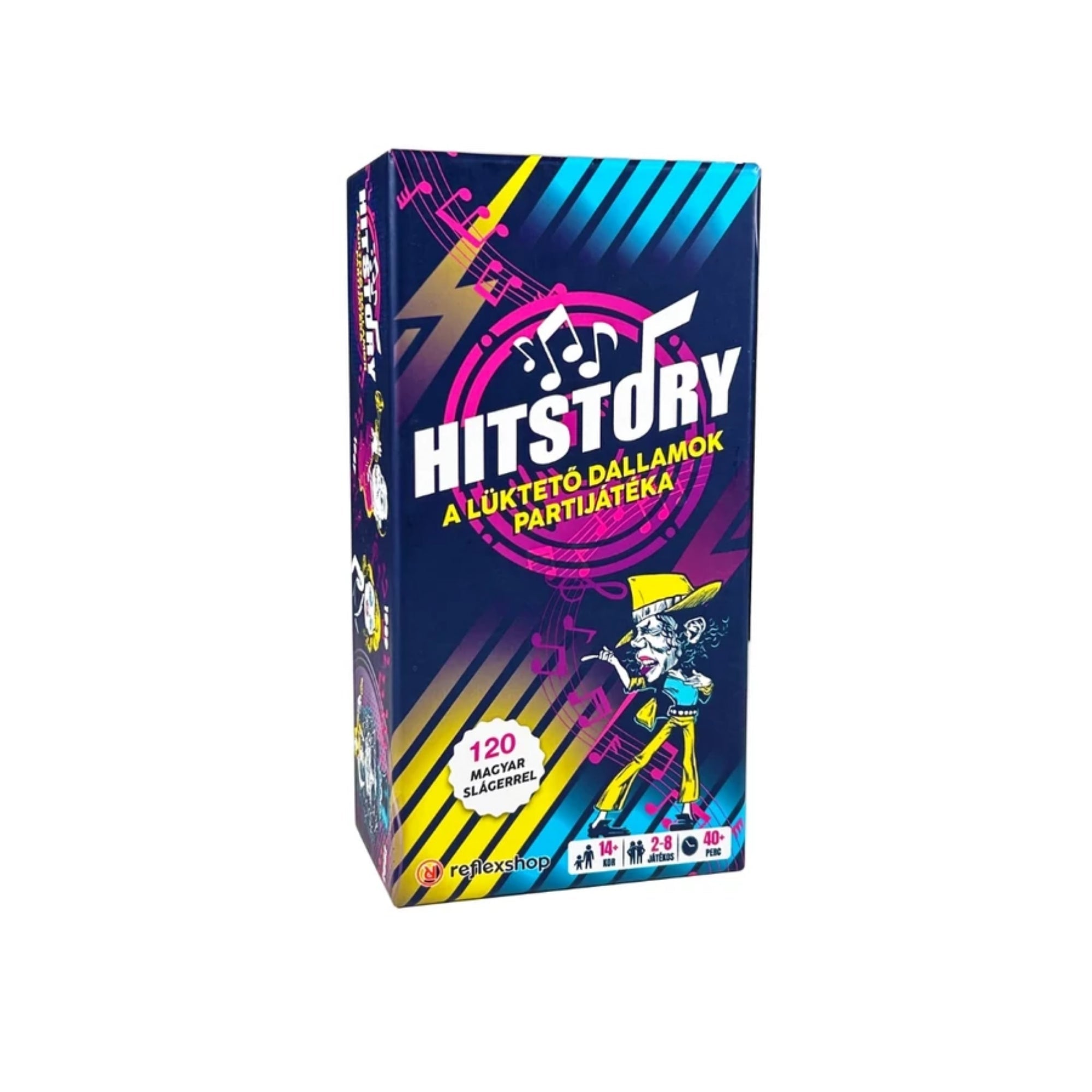 A HitStory társasjáték doboza, élénk színekkel és retró stílusban illusztrált grafikával, középen a logóval és a „120 magyar slágerrel” felirattal.