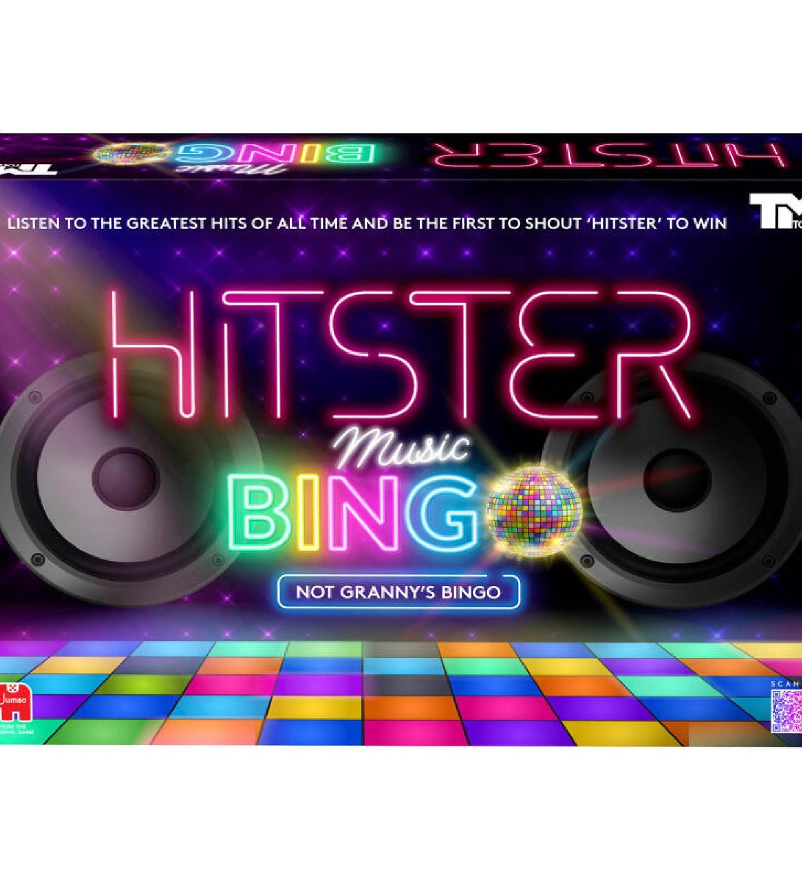 Hitster Music Bingo társasjáték doboza, neonfényes logóval, hangszórókkal és színes táncparkettás dizájnnal, a Jumbo kiadásában.