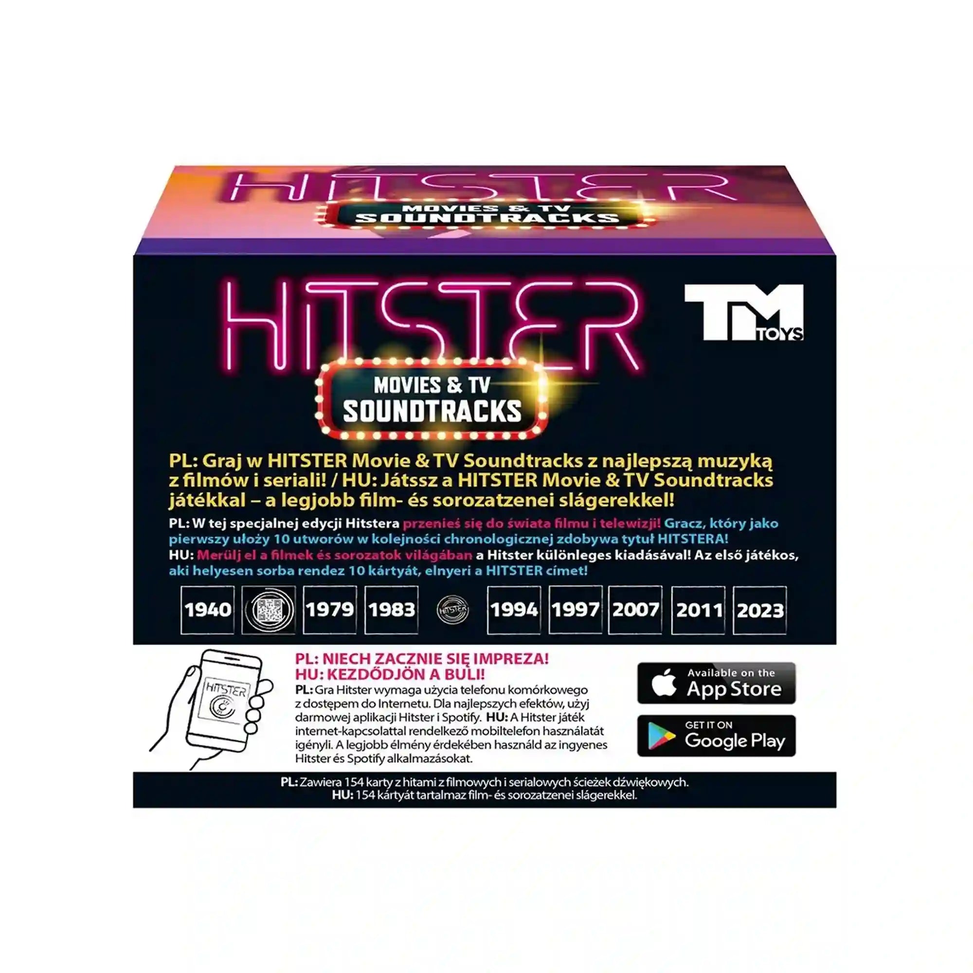 Hitster Movies & TV Soundtracks kiegészítő hátoldala játékleírással, mobilalkalmazás információval és filmes-zenei slágereket tartalmazó kártyapaklival.