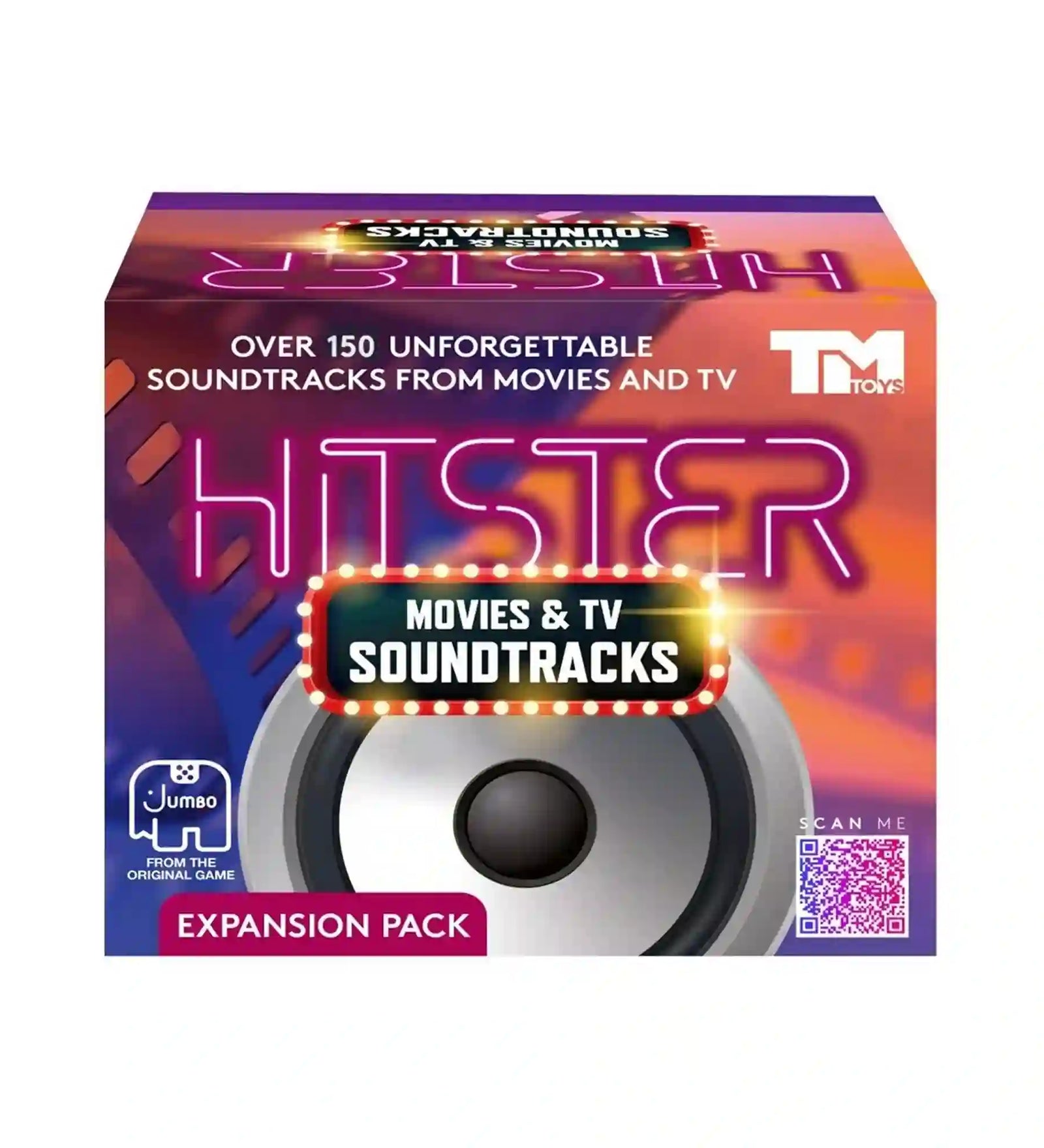 Hitster Movies & TV Soundtracks társasjáték kiegészítő doboza filmes és sorozatos zenékkel, több mint 150 ikonikus soundtrackkel és neon stílusú dizájnnal