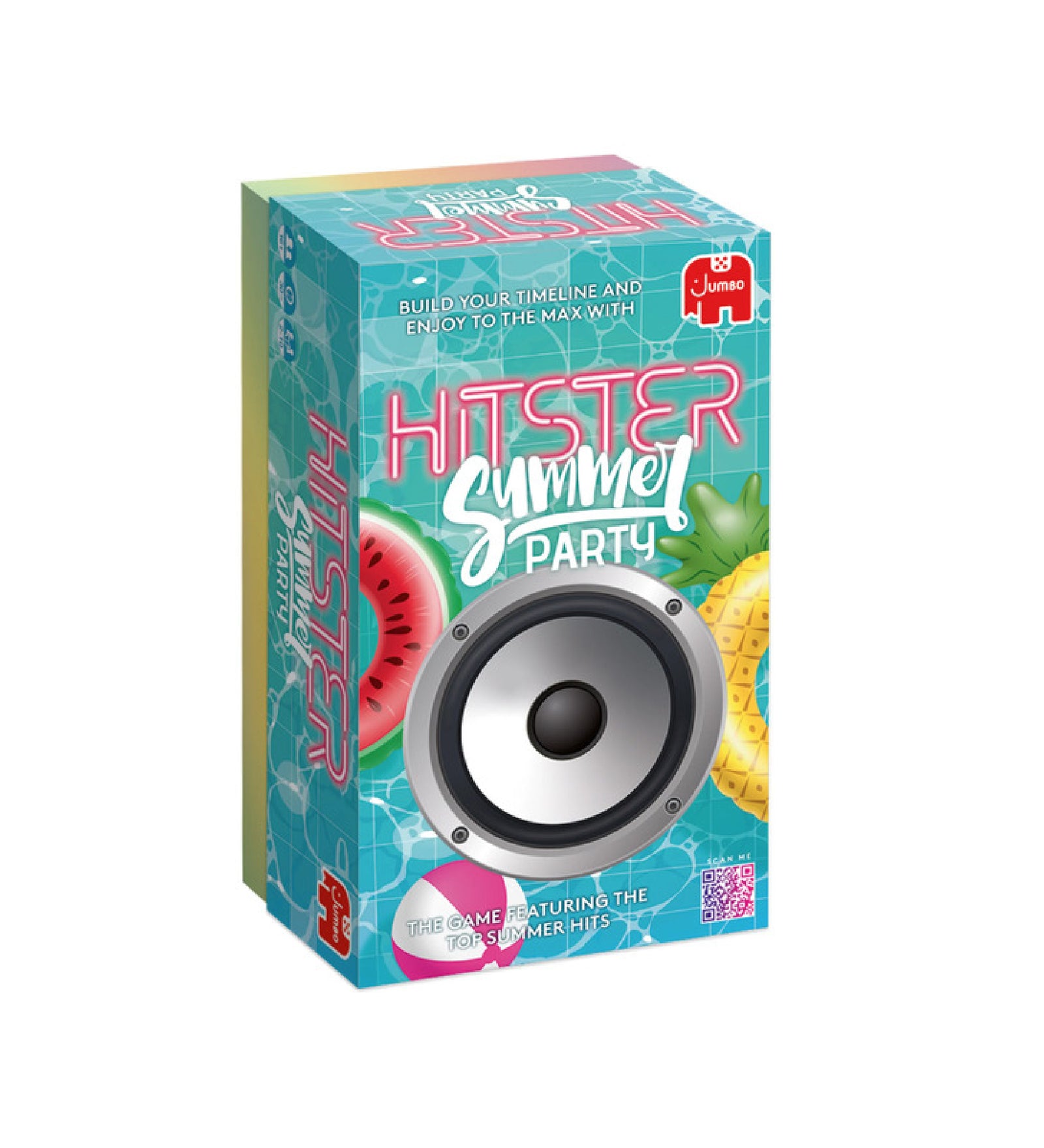 A Hitster Summer Party társasjáték színes doboza, amelyen egy nagy hangszóró, egy félbevágott görögdinnye, egy ananász és egy rózsaszín úszógumi látható. A doboz alapszíne világoskék, geometrikus mintával. A cím neonszerű betűtípussal van írva, a „Hitster” felirat rózsaszín, a „Summer Party” fehér és játékos stílusú. A sarkon a Jumbo logó piros alapon fehér elefánttal, és a QR-kód is feltűnik. A játék zenés partijáték, a legjobb nyári slágerekkel.