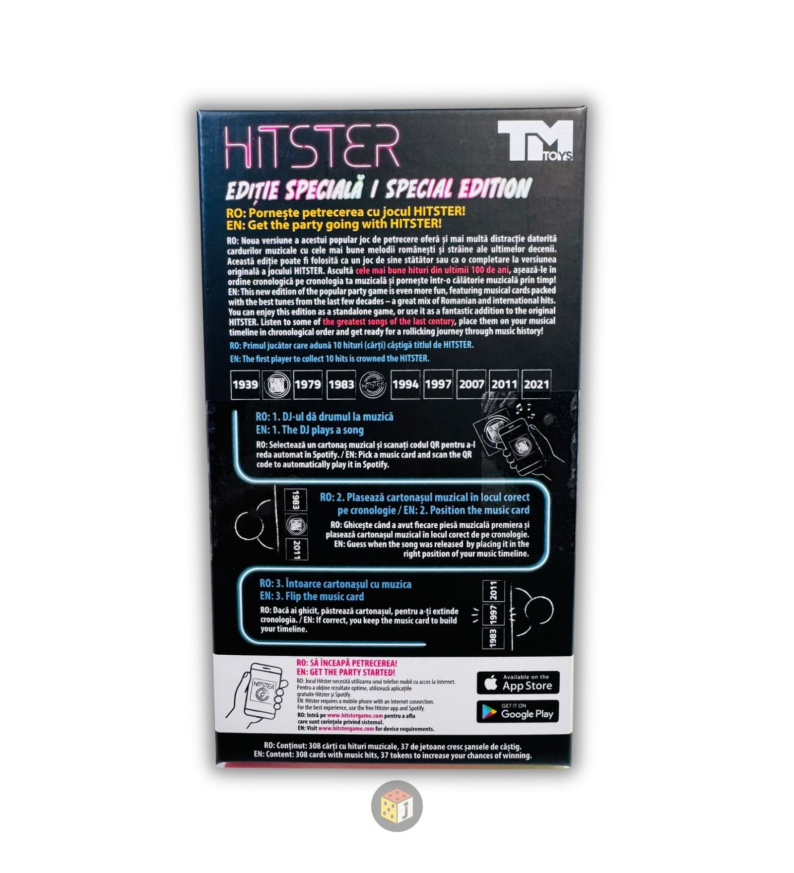 HITSTER – Speciális kiadás társasjáték hátoldala, részletes játékszabály-leírással, zenei idővonallal, QR-kódos Spotify funkcióval és ikonokkal.