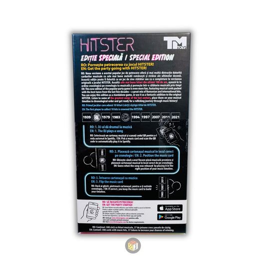 HITSTER – Speciális kiadás társasjáték hátoldala, részletes játékszabály-leírással, zenei idővonallal, QR-kódos Spotify funkcióval és ikonokkal.