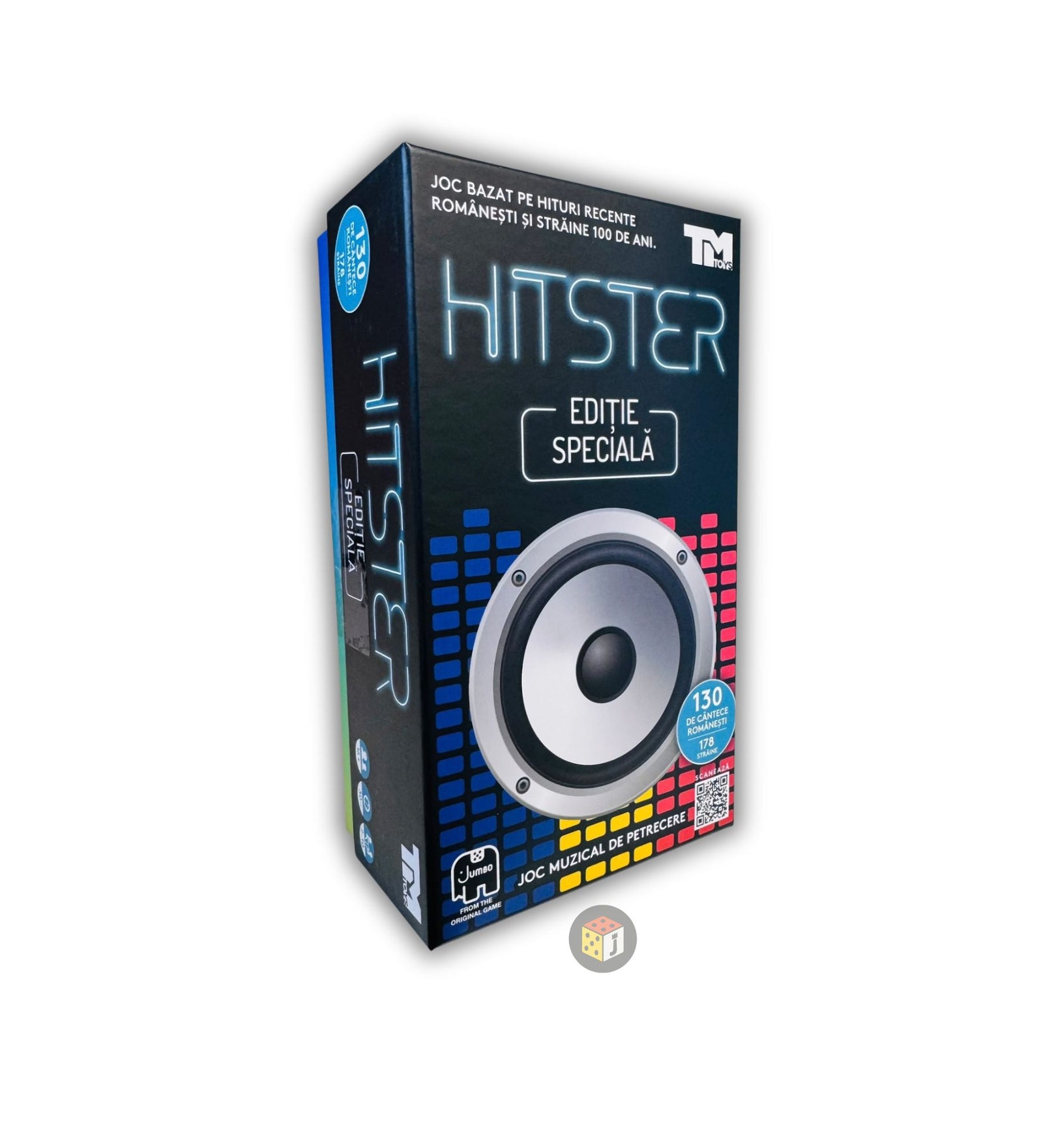 HITSTER – Speciális kiadás társasjáték doboza elölnézetből, nagy hangszóró grafikával, színes zenei sávokkal és modern dizájnnal.