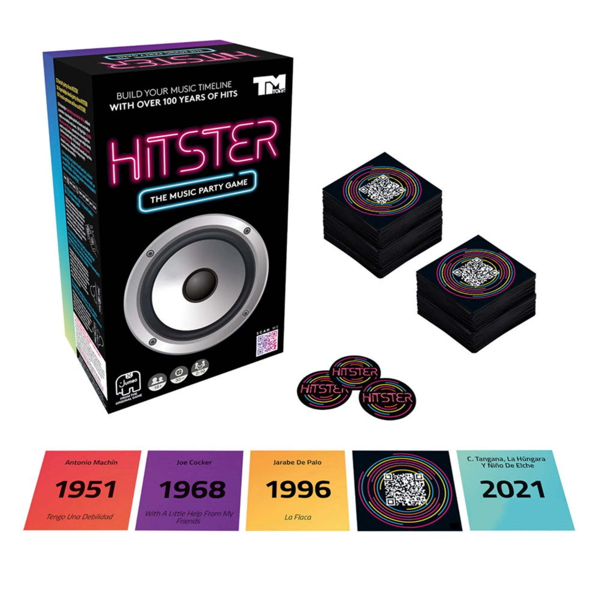 Hitster társasjáték doboza a teljes tartalommal: QR-kódos zenei kártyapaklik, évszámos idővonal kártyák és Hitster logós jelölőkorongok fehér háttéren.