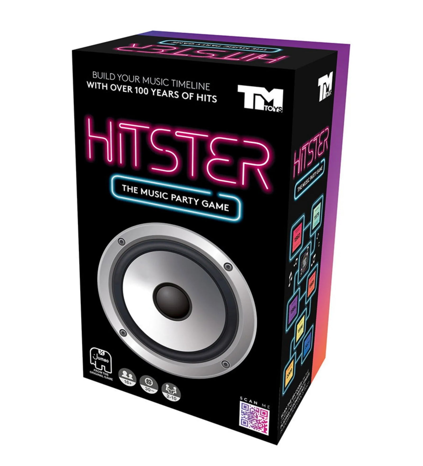 Hitster – The Music Party Game társasjáték doboza elölnézetből, fekete alapon színes neon logóval és hangszóró grafikával, több mint 100 év zenei slágereivel.