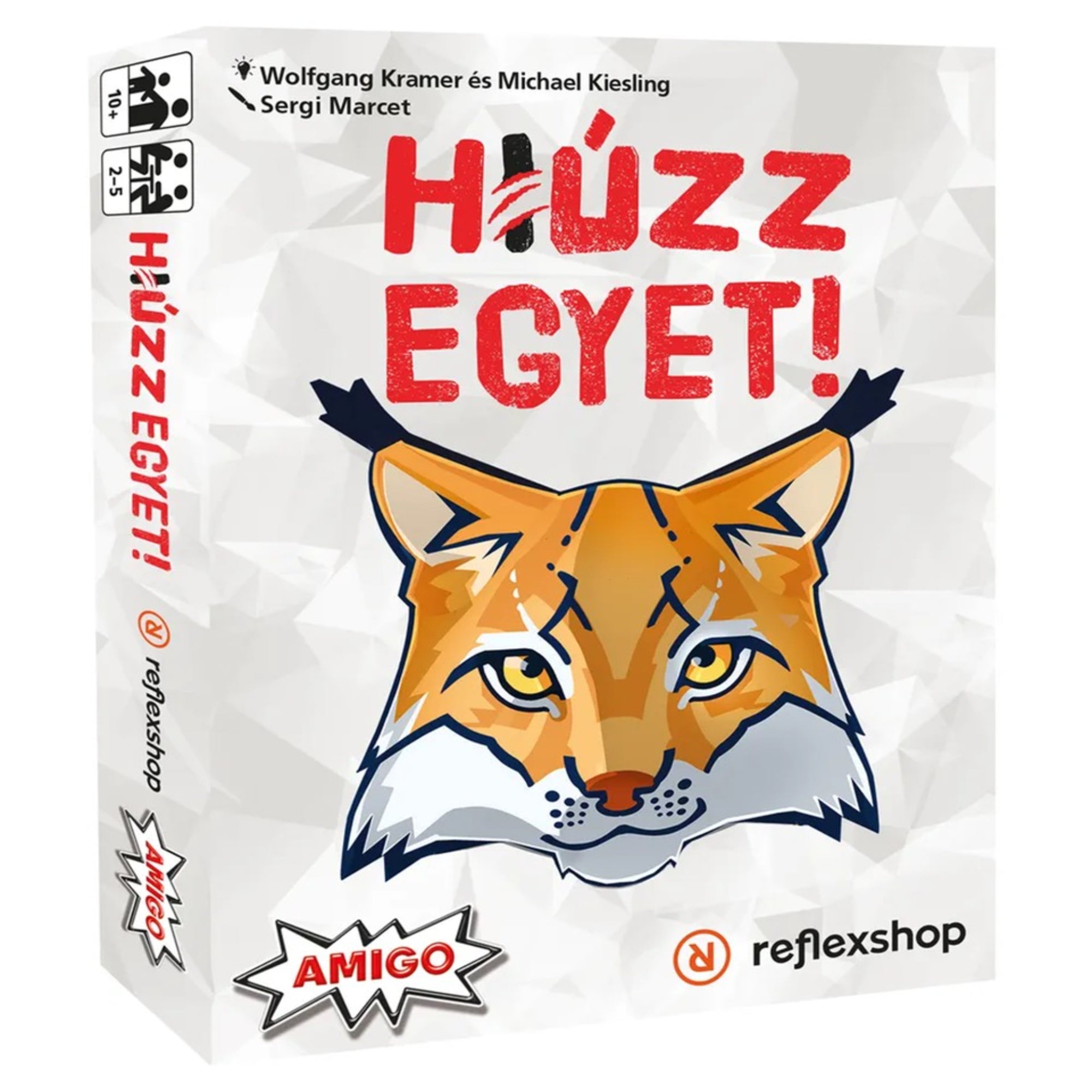 A Húzz egyet! kártyajáték fehér színű, modern megjelenésű doboza, középen egy karakteres hiúzfej illusztrációval és piros játékcímmel, Reflexshop és Amigo logóval.
