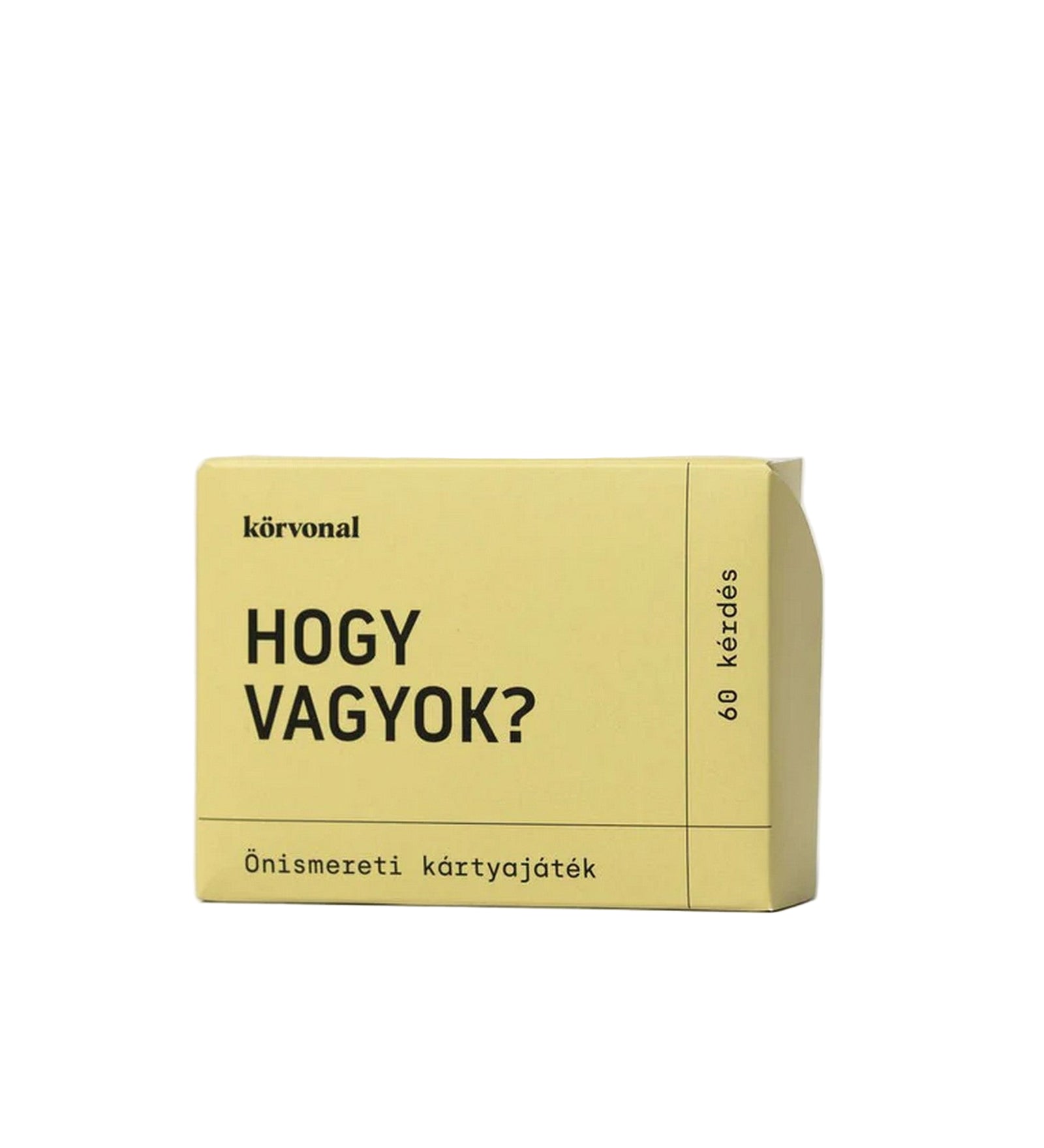 A Körvonal – Hogy vagyok? önismereti kártyajáték doboza közelről, sárgás színű csomagolásban, letisztult betűtípussal.