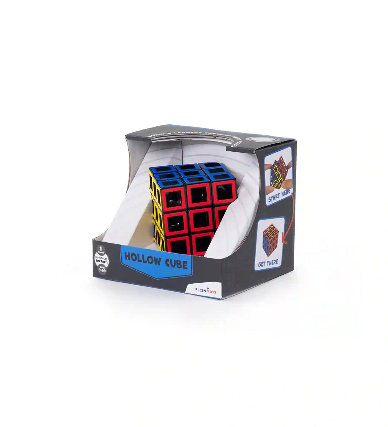 Hollow Cube logikai puzzle dobozban fekete csomagolással és kirakott üreges kockával.