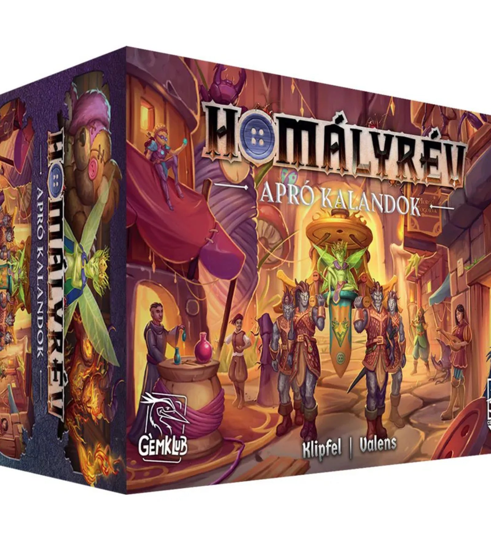 A Homályrév: Apró kalandok társasjáték színes, fantasy világot bemutató doboza, részletes illusztrációkkal és a hősök ábrázolásával.