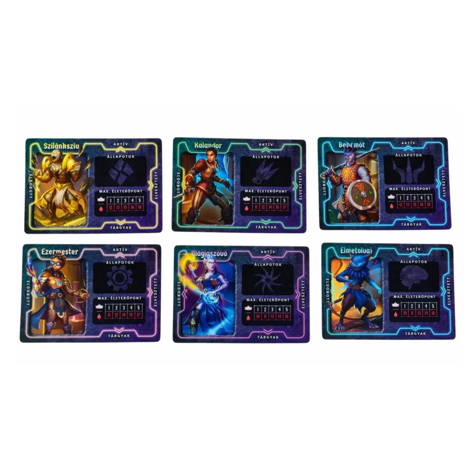 A Homályrév: Apró kalandok hat egyedi karakterlapja – Szilánkszív, Kalandor, Behemót, Ezermester, Mágiaűző és Elmetolvaj – képességekkel és életerő jelölőkkel.