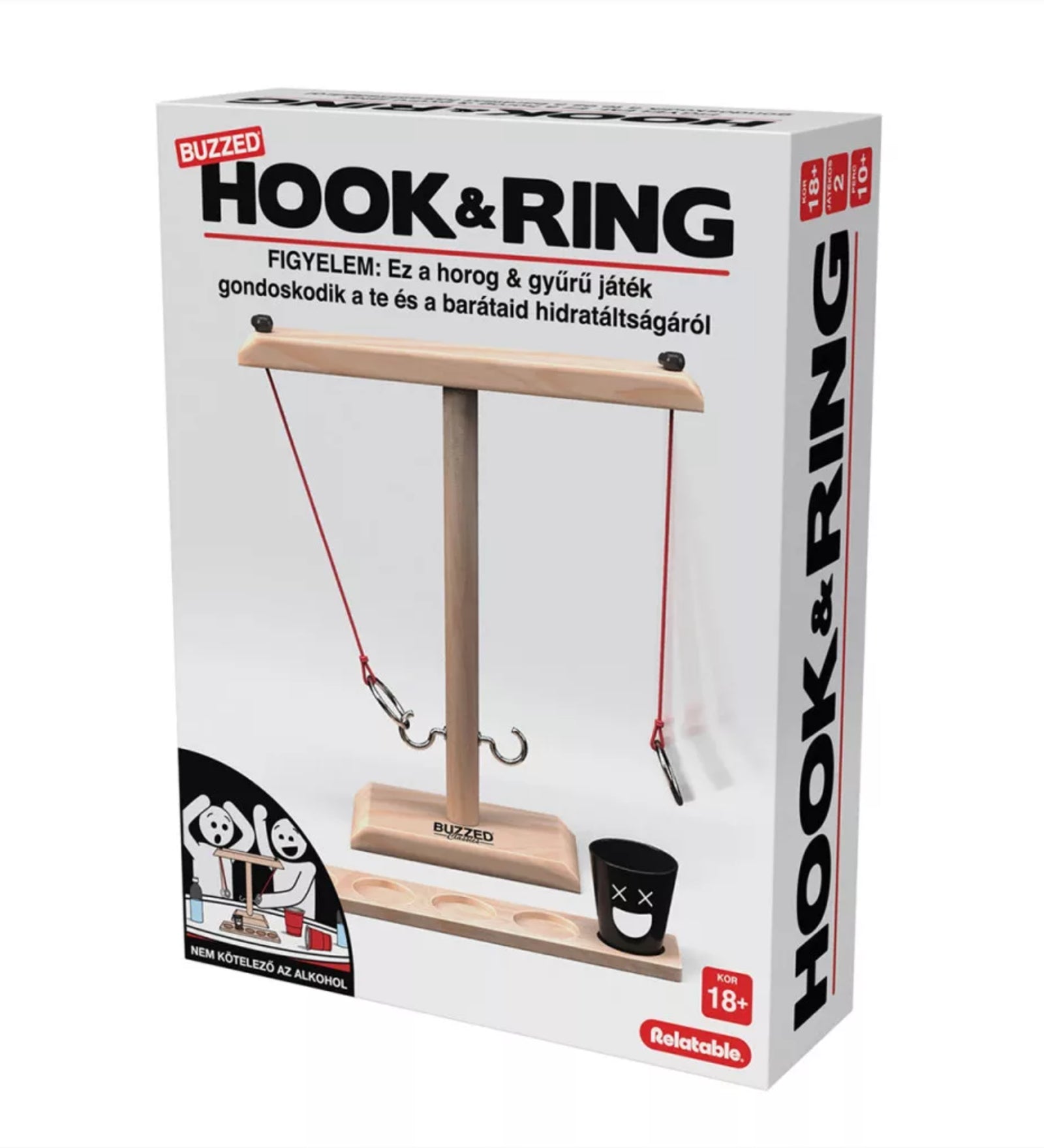 Hook & Ring magyar nyelvű társasjáték doboza elölnézetből, fa állványos horgos–gyűrűs ügyességi ivós játékkal, pohártartóval és függő gyűrűkkel, 18+ jelöléssel