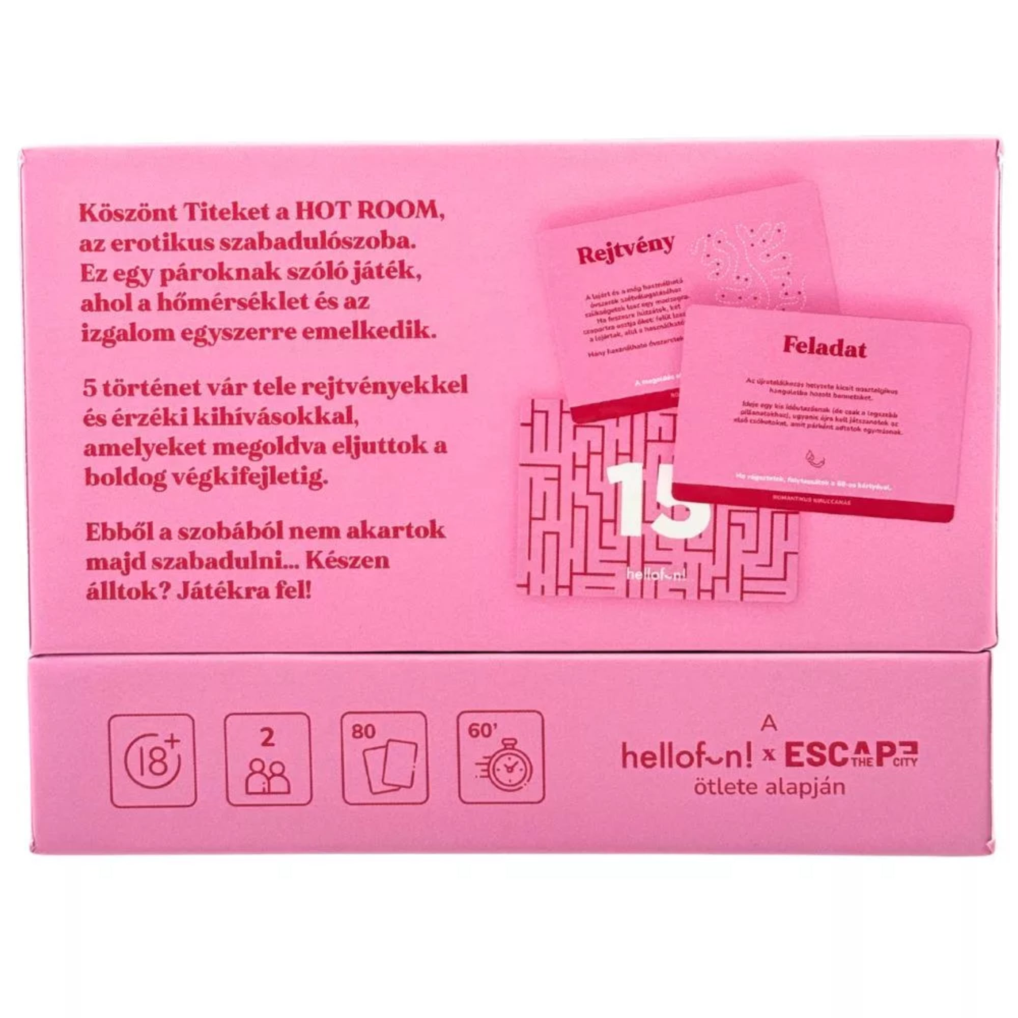 Hot Room magyar nyelvű társasjáték dobozának hátoldala, játékleírással, ikonokkal és játékmenet-információkkal, pároknak szóló 18+ erotikus szabadulószoba játékhoz.