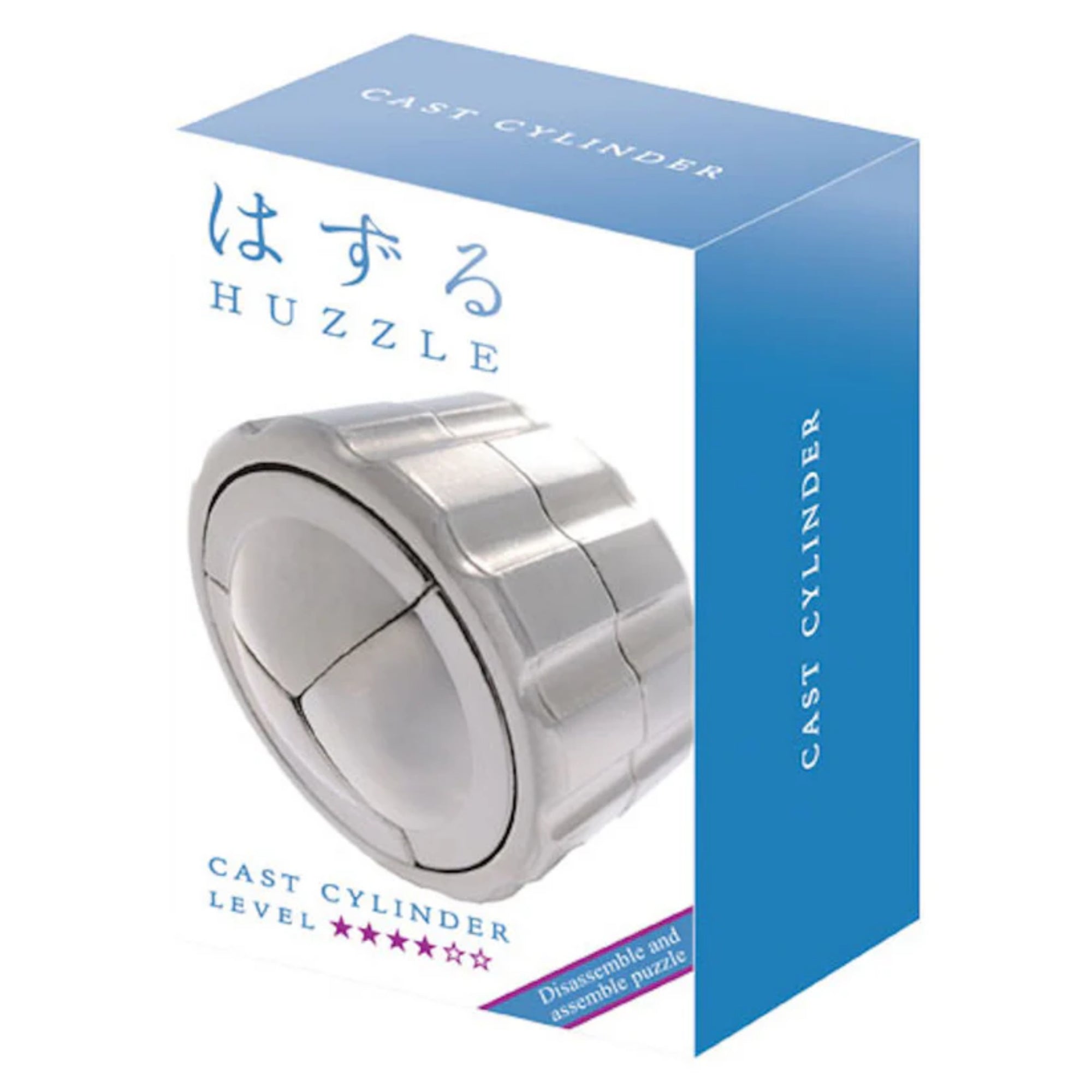A Huzzle Cast CYLINDER logikai kirakó világoskék színű doboza, amelyen a fémes ezüst színű, henger alakú kirakó látható.